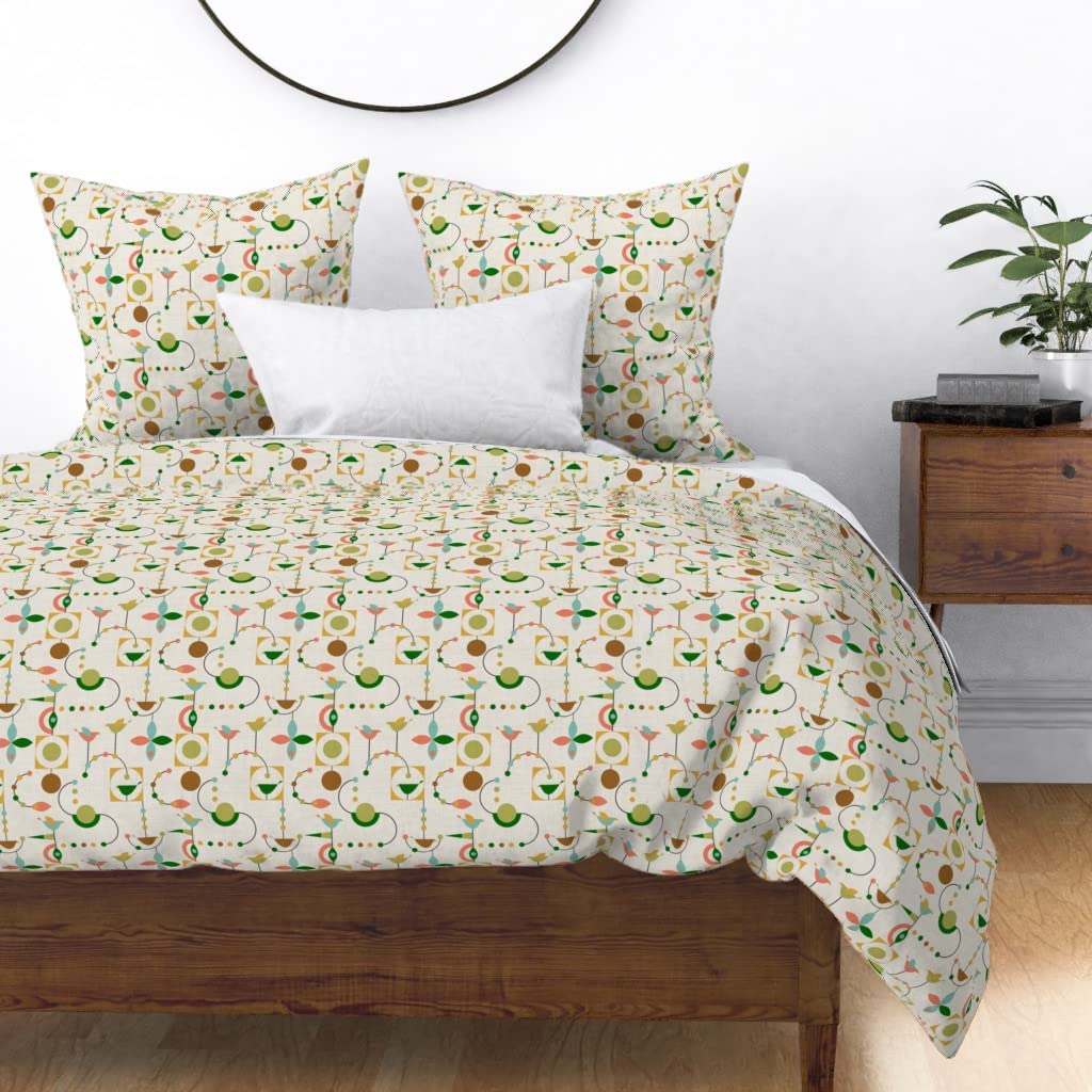 Custom Printed Spoonflower Cotton Sateen Duvet Cover Full/Queen Size - Vibrant Green Coral Nature Birds Abstract Design | Soft Luxury Bedding for Modern Bedroom Decor | Perfect for Guest Rooms, Master Bedrooms & Coastal Themed Interiors