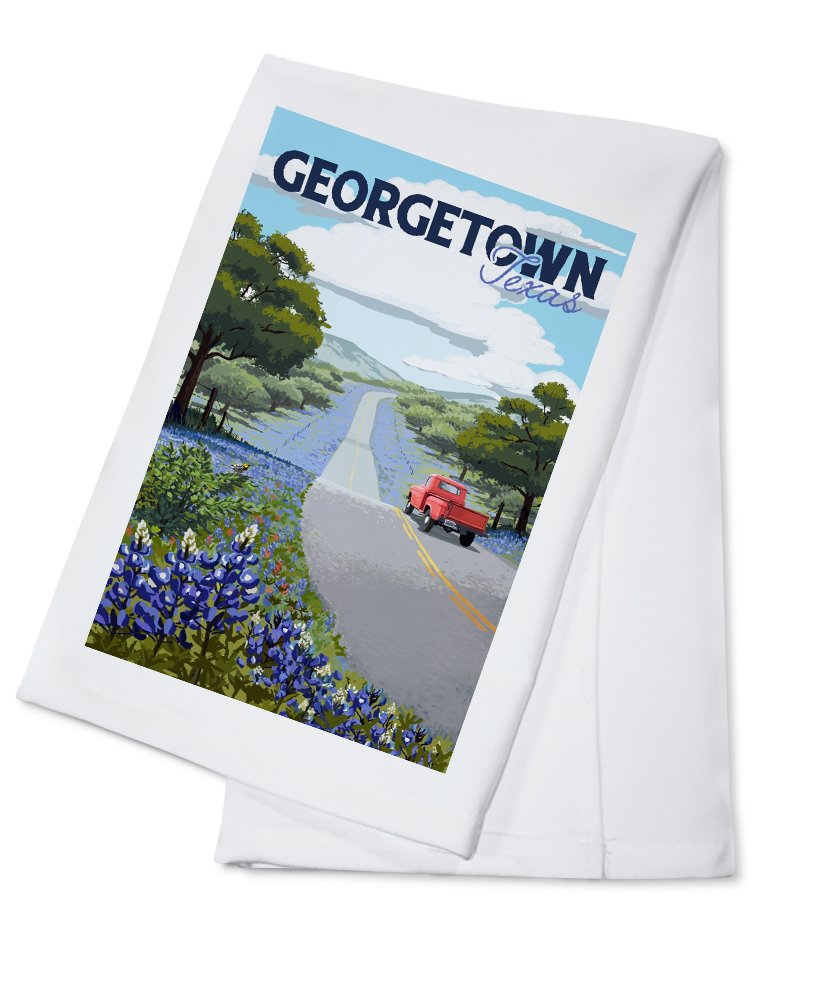 Georgetown Texas Bluebonnets and Highway 100% Cotton Tea Towel - Decorative Kitchen Hand Towel for Home Decor, Dish Drying & Gift Giving