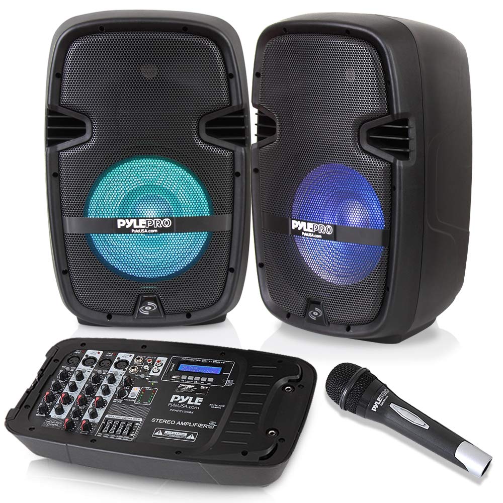 Pyle PA Speaker DJ Mixer Bundle - Portable Wireless Bluetooth Sound System with USB, SD, XLR & 1/4