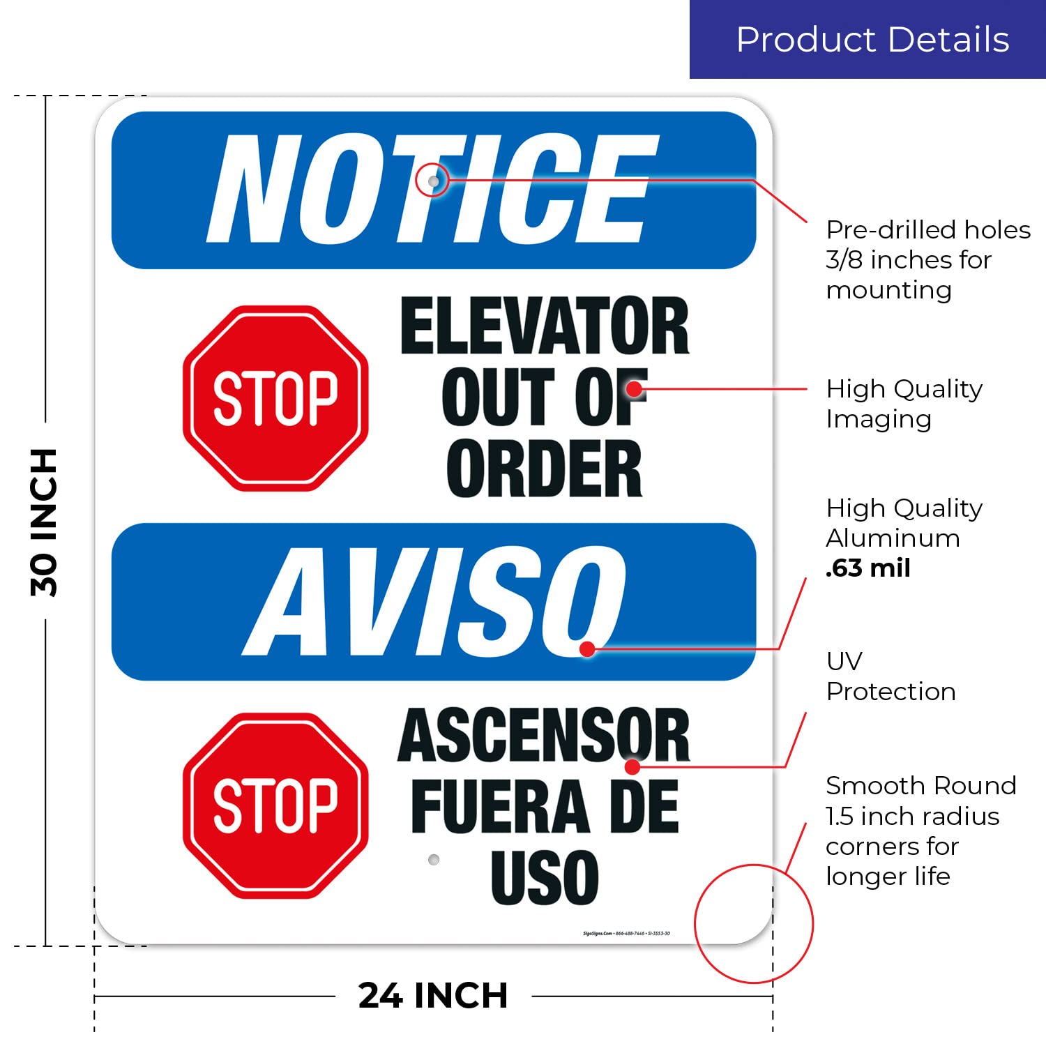 Out of Order Elevator Bilingual Sign (English/Spanish) - OSHA Compliant 24x30 Inches - Rust-Free .063 Aluminum for Indoor & Outdoor Use - Fade Resistant - Made in USA - Perfect for Buildings, Offices & Public Spaces