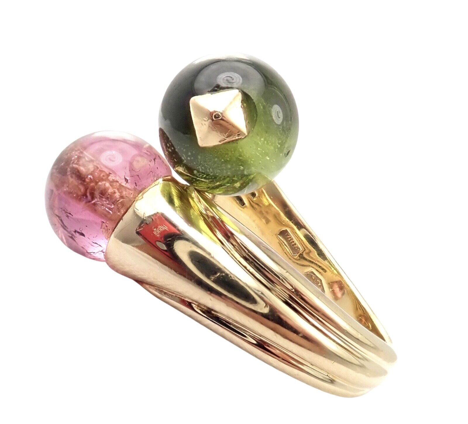 Vintage Bulgari Bvlgari 18k Yellow Gold Pink & Green Tourmaline Bypass Ring - Luxury Jewelry for Women, Elegant Gift for Anniversary & Special Occasions