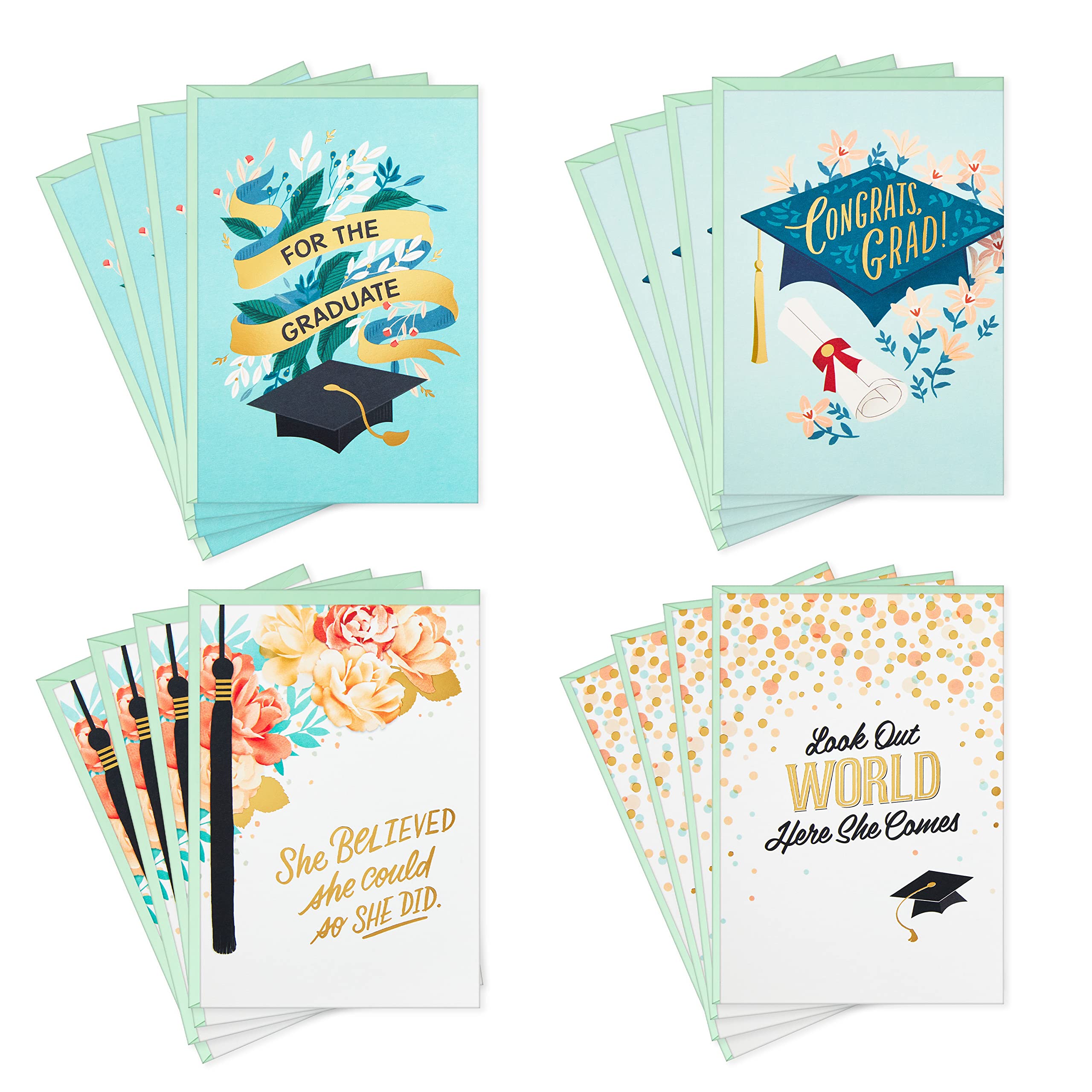 Hallmark Graduation Greeting Cards Set for Women - 16 Inspirational Cards & Envelopes (4 Beautiful Designs) - Perfect for Graduation Gifts, Congratulations & Encouragement - 
