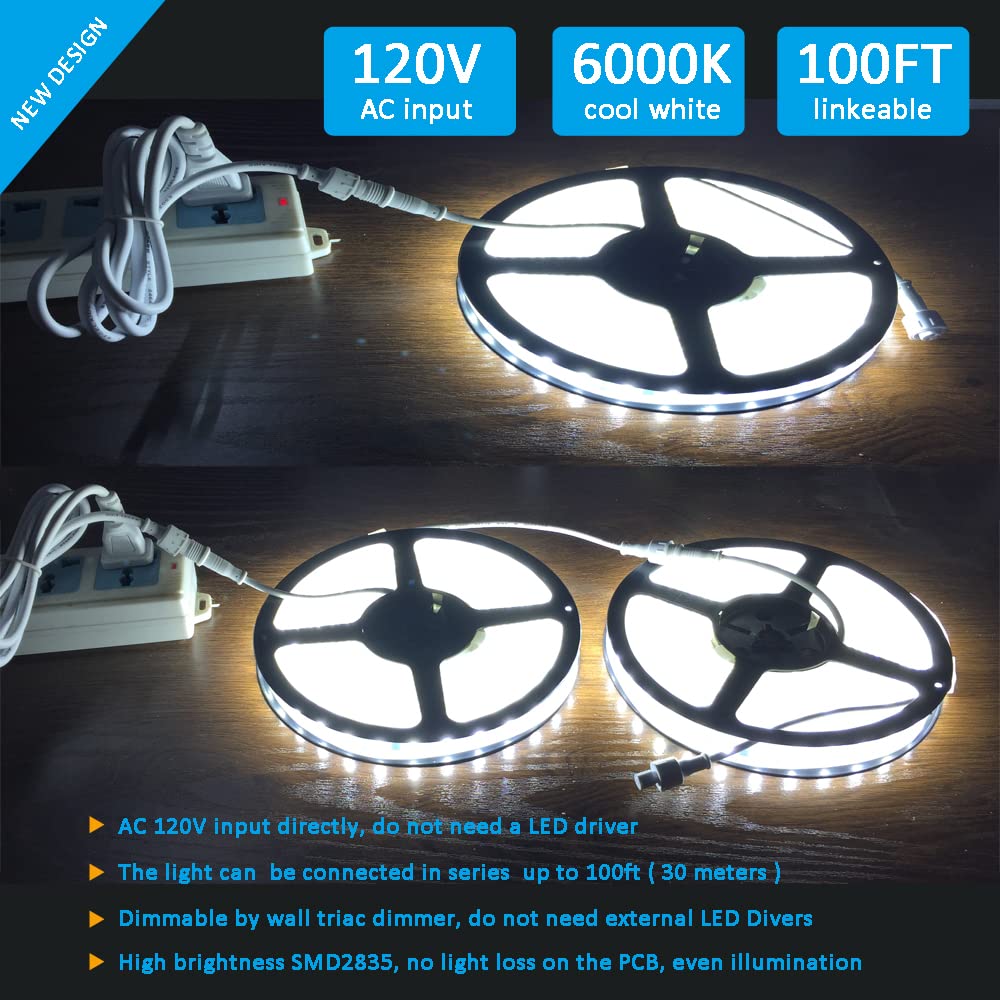 120V Dimmable LED Strip Light - Smart Plug Compatible, Waterproof IP65, No LED Driver Needed, Cool White 6000K Flexible Rope Lighting - Perfect for Kitchen Under Cabinet, Home Accent, and DIY Projects (110-115V)