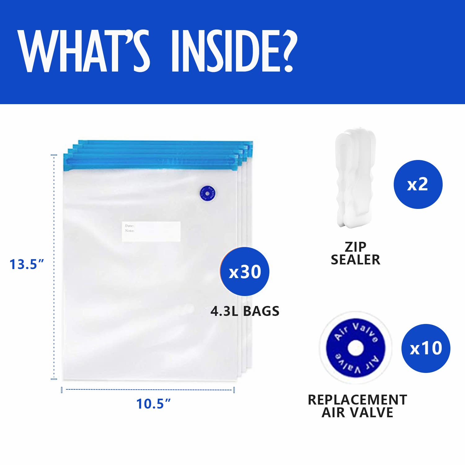 VICARKO 30 Pack Vacuum Sealer Bags - 4.3L Reusable Food Storage Bags with Double Layers, BPA Free (13.5