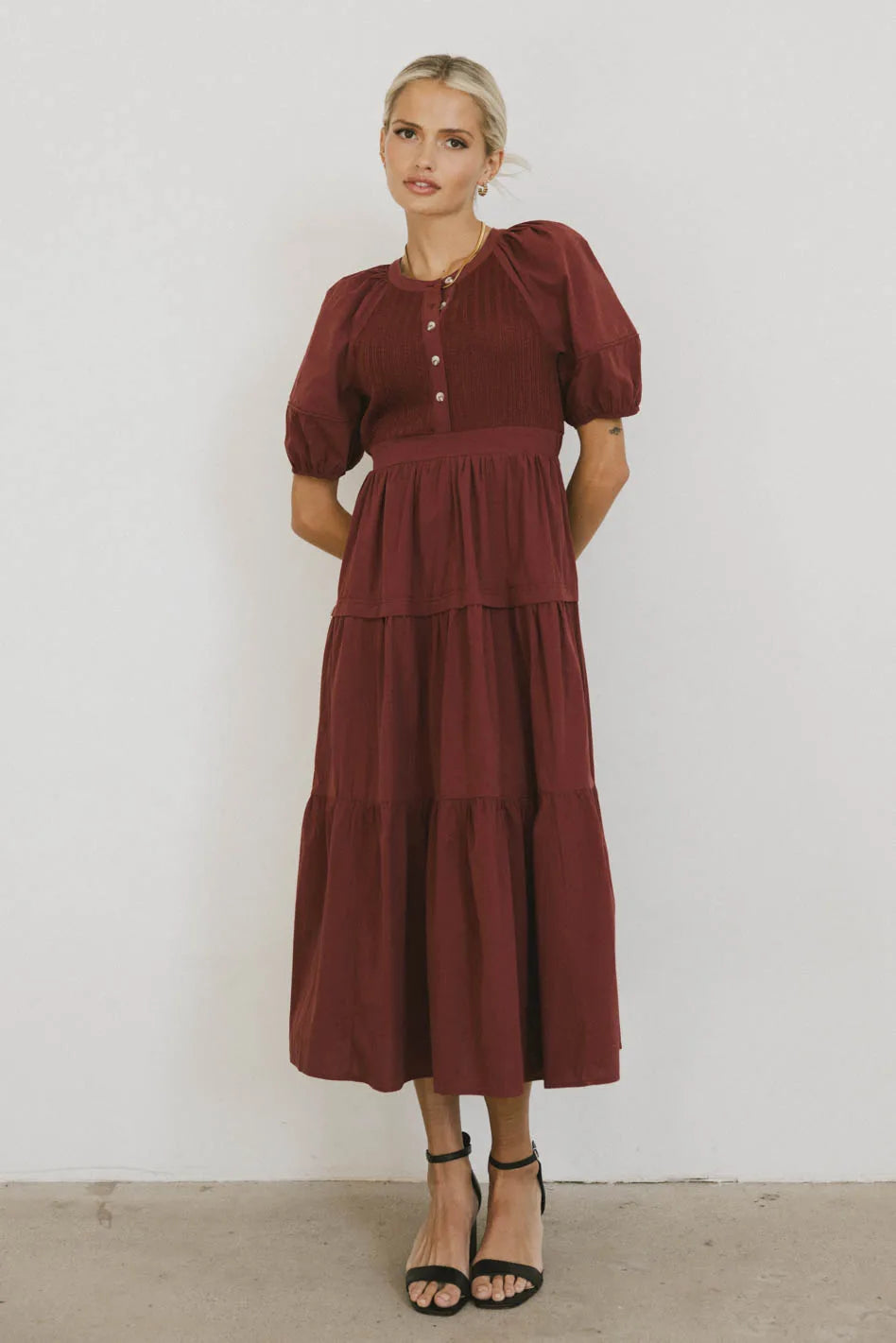 Leandra Burgundy Midi Dress for Women - Elegant A-Line Formal & Party Dress | Perfect for Weddings, Cocktail Parties & Office Wear