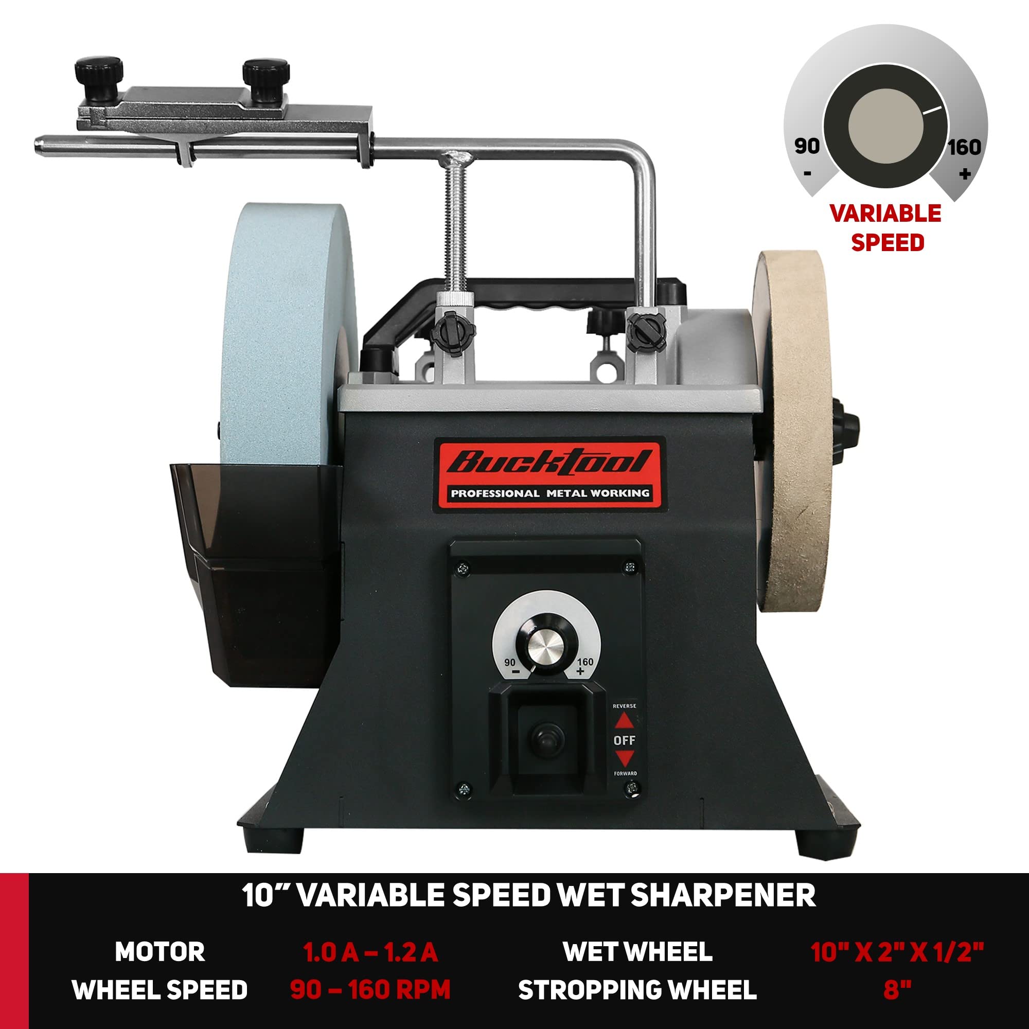 BUCKTOOL 10 Inch Variable Speed Sharpening System - 1.2 Amp Dual-Direction Water Cooled Wet Stone Grinder (90-160 RPM) - Perfect for Knife Sharpening, Tool Maintenance & DIY Projects - Model SCM8103