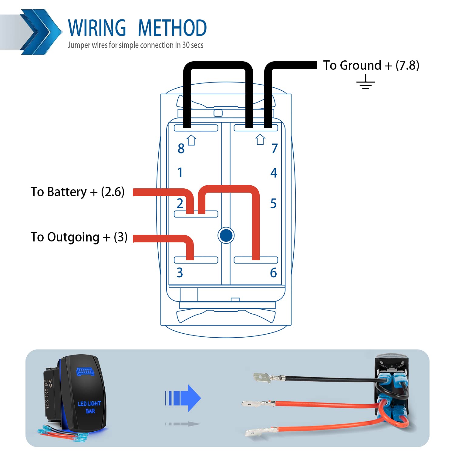5-Pin LED Light Bar Rocker Switch with Blue Laser On/Off Indicator - 20A/12V & 10A/24V Toggle Switch with Jumper Wires - Ideal for Automotive, Marine, Truck, Jeep, Off-Road, Bus & RV Lighting Systems