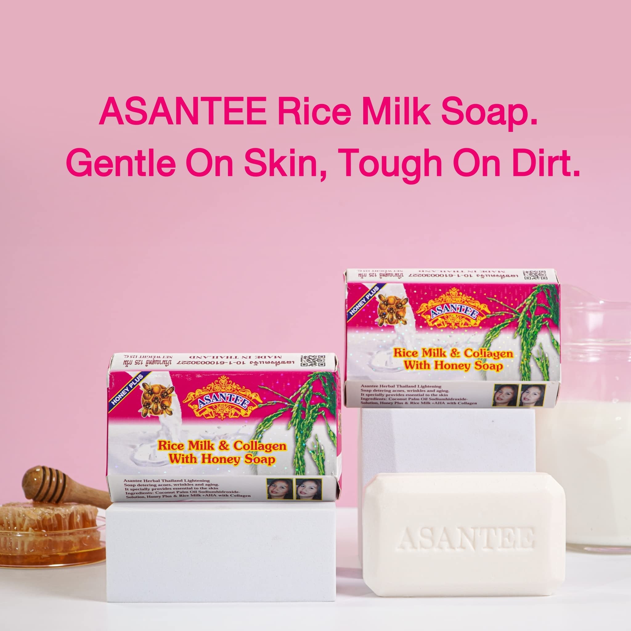 ASANTEE Rice Milk Collagen & Honey Body Soap - Moisturizing & Brightening Skin Care for Soft, Glowing Complexion - Long Lasting Fragrance - 125g for Daily Shower & Spa Relaxation