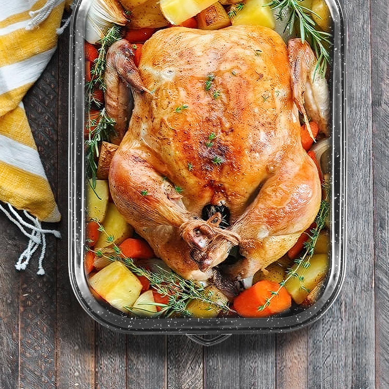 21 Inch Extra Large Roasting Pan with V-Rack & Lid - 25 lb Capacity Heavy Duty Rectangular Turkey Roaster for Baking, Grilling & Holiday Cooking - Perfect for Thanksgiving, Christmas & Family Gatherings
