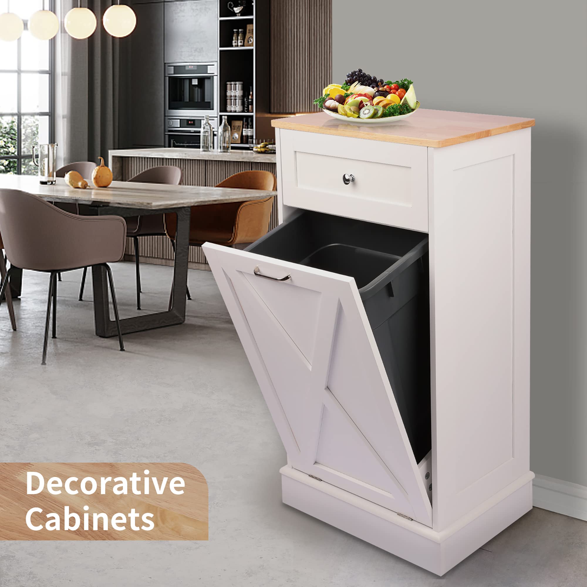 10 Gallon Wooden Tilt-Out Trash Cabinet - Free Standing Laundry Sorter & Recycling Bin with Hideaway Drawer - White Kitchen Waste Storage Solution for Home, Office, and Utility Rooms