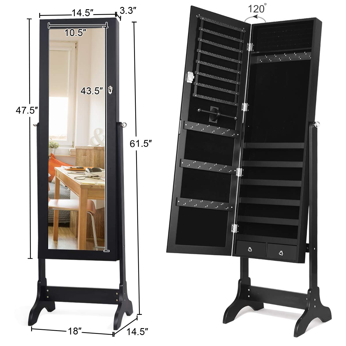 WATERJOY Jewelry Organizer with Full-Length Standing Mirror - 4 Adjustable Angle Lockable Jewelry Cabinet & Storage Armoire - Perfect for Bedroom, Closet & Dressing Room Organization