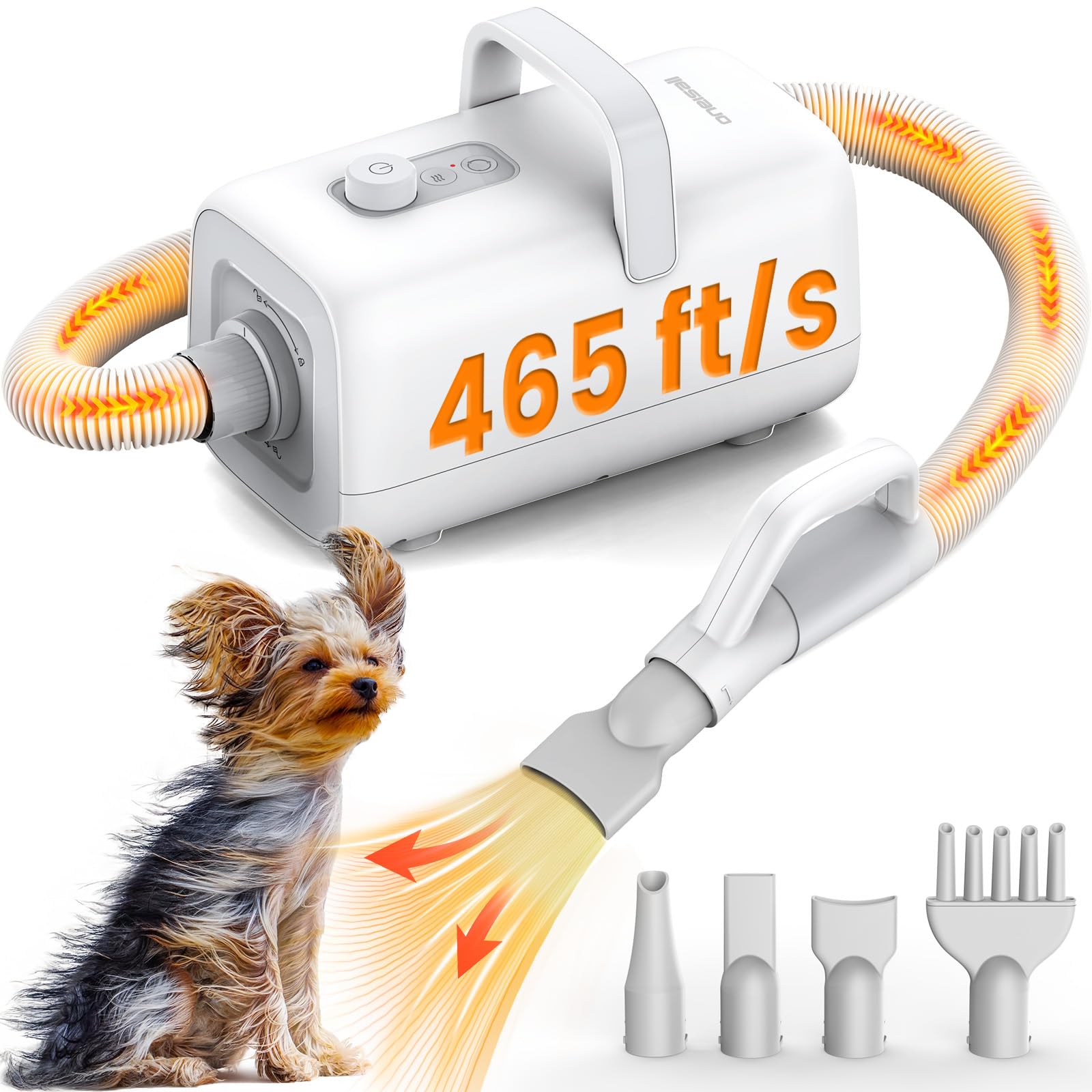 Oneisall High Velocity Dog Dryer - 465 ft/s Quiet Pet Hair Dryer with Adjustable Airflow & Cycling Heating, 8.86ft Long Hose for Quick & Efficient Drying - Perfect for Professional Grooming, Home Pet Care, and Dog Show Preparation