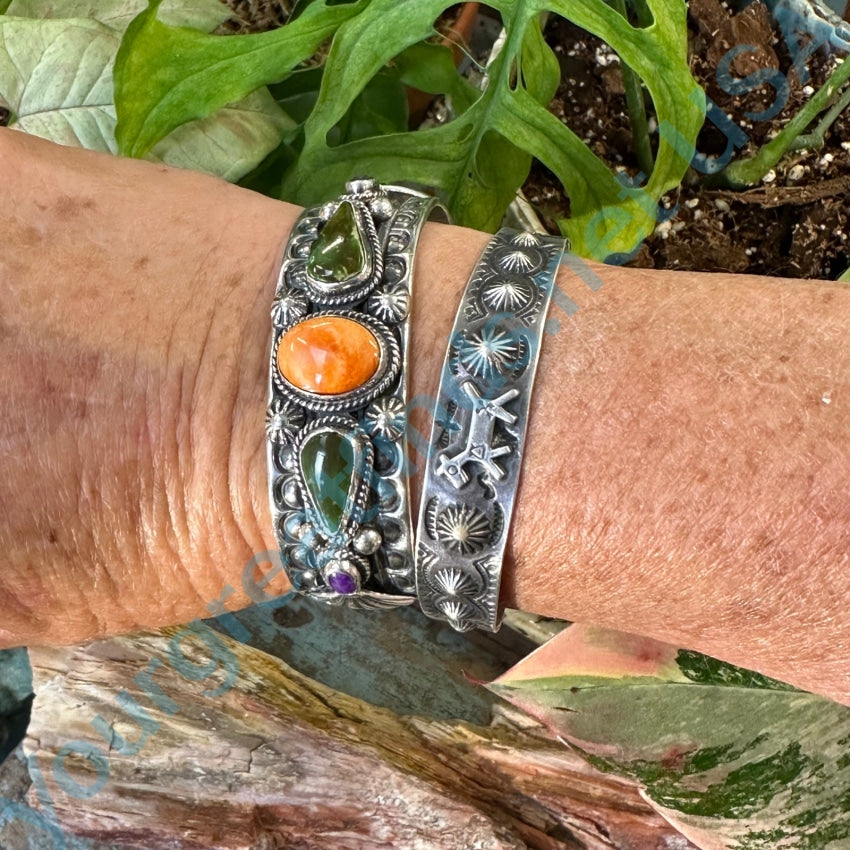 Authentic Navajo Delbert Gordon Sterling Silver Bracelet with Spiny Oyster Turquoise - Perfect for Boho Fashion, Western Style & Gift Giving
