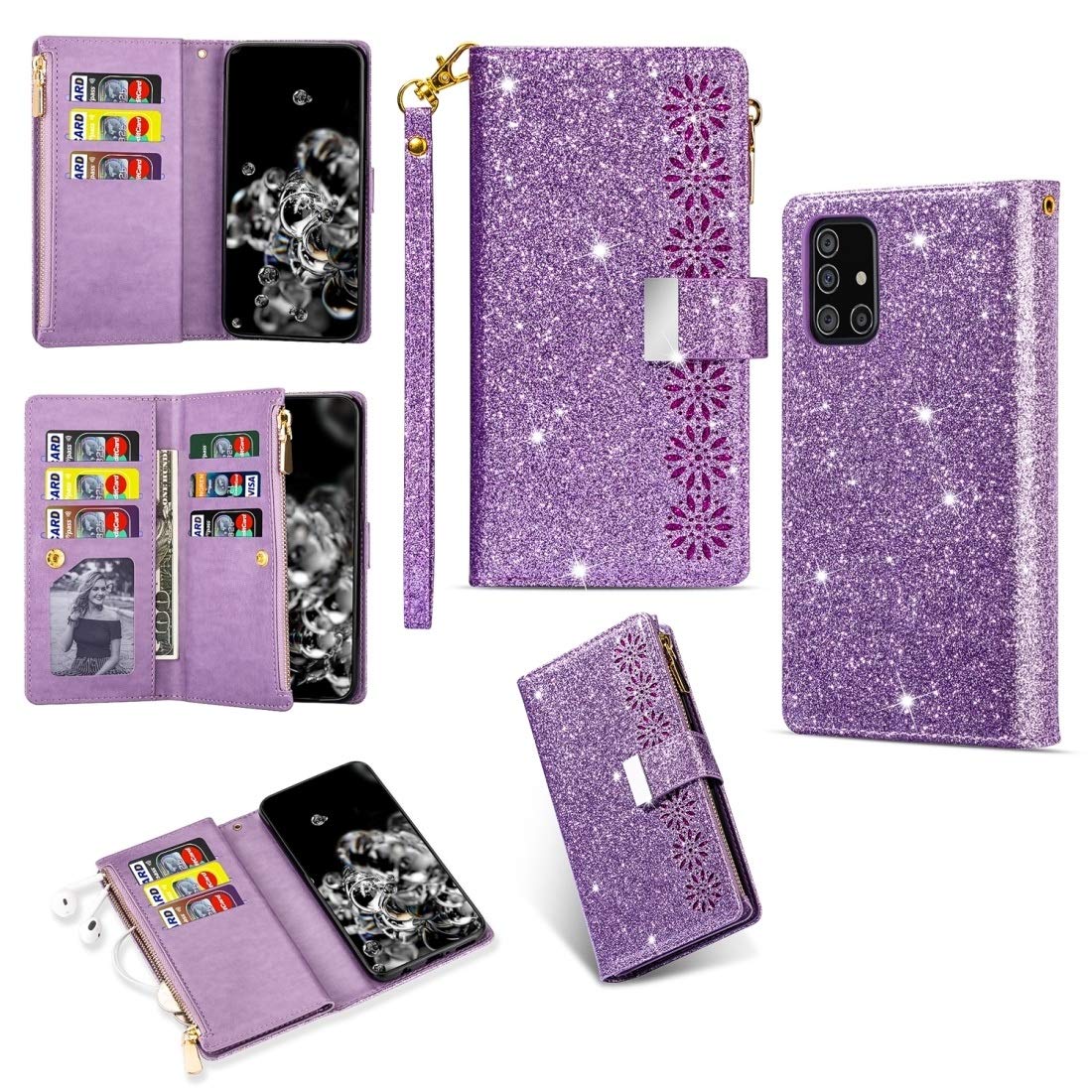 BOYUHII Samsung Galaxy A71 Phone Case with Multi-Card Slots & Wallet - Starry Sky Laser Carving Glitter Zipper Flip Leather Cover with Holder & Lanyard (Horizontal Design) - Perfect for Daily Use, Travel and Business Meetings