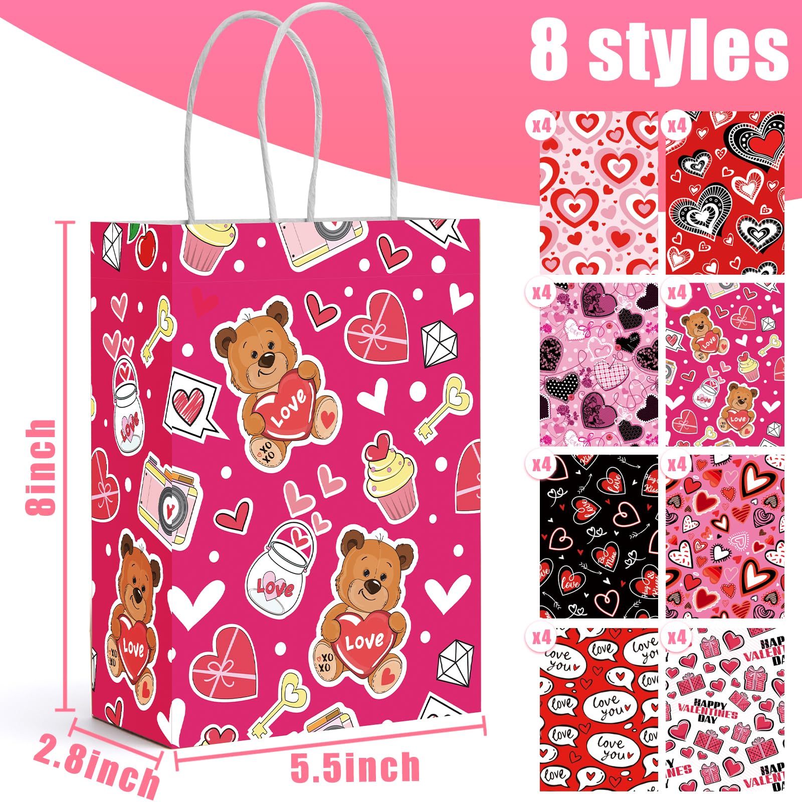 32PCS Valentine's Day Gift Bags - Heart Shaped Kraft Paper Treat Bags with Handles for Party Favors, Birthday, Wedding & Valentine's Day Celebrations - Perfect for Candy, Small Gifts & Party Decorations