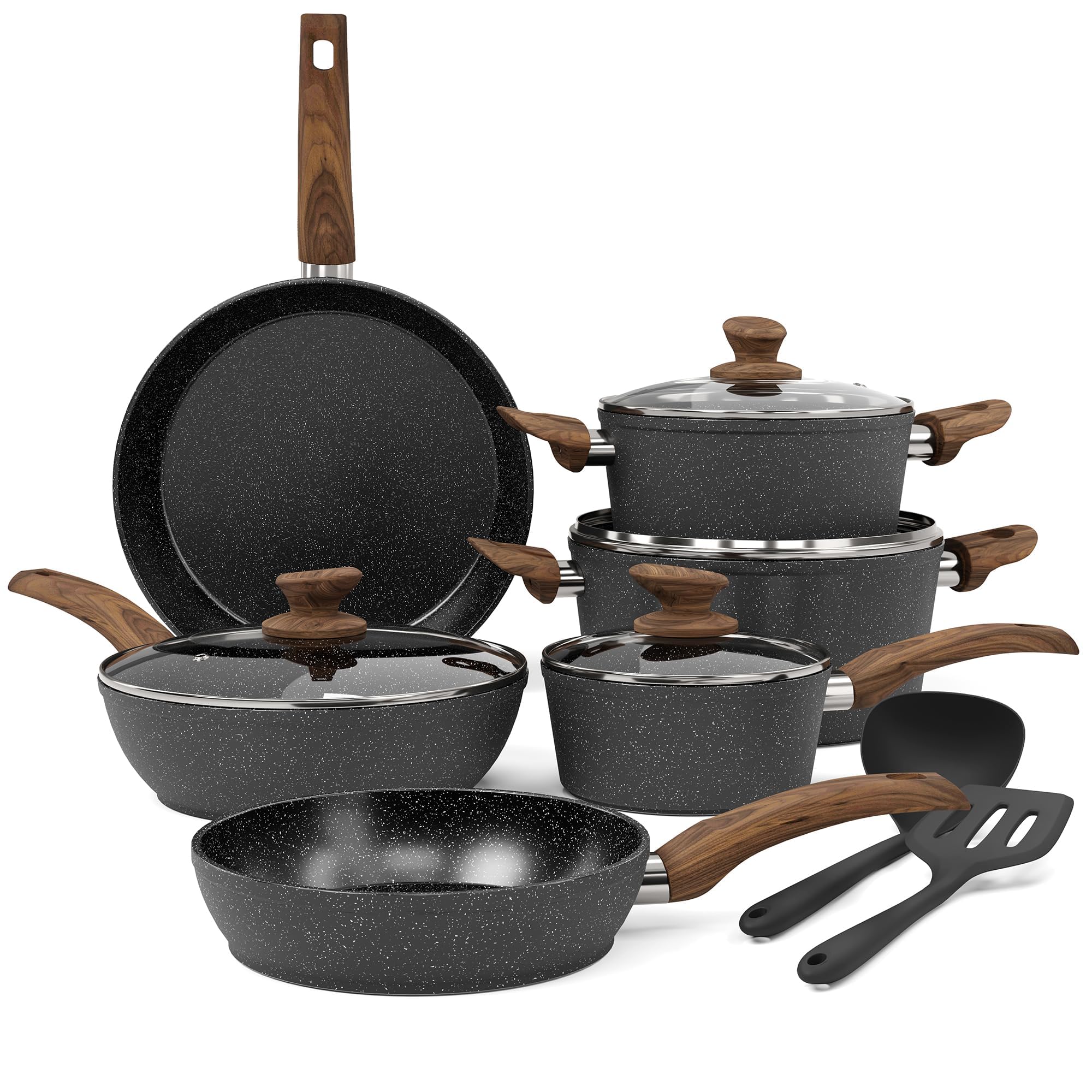 Kitchen Academy 12-Piece Black Granite Induction Cookware Set - Nonstick Pots & Pans, PFOA/PFOS Free for Healthy Cooking | Perfect for Gas, Electric & Induction Stoves | Ideal for Frying, Boiling & Everyday Meals