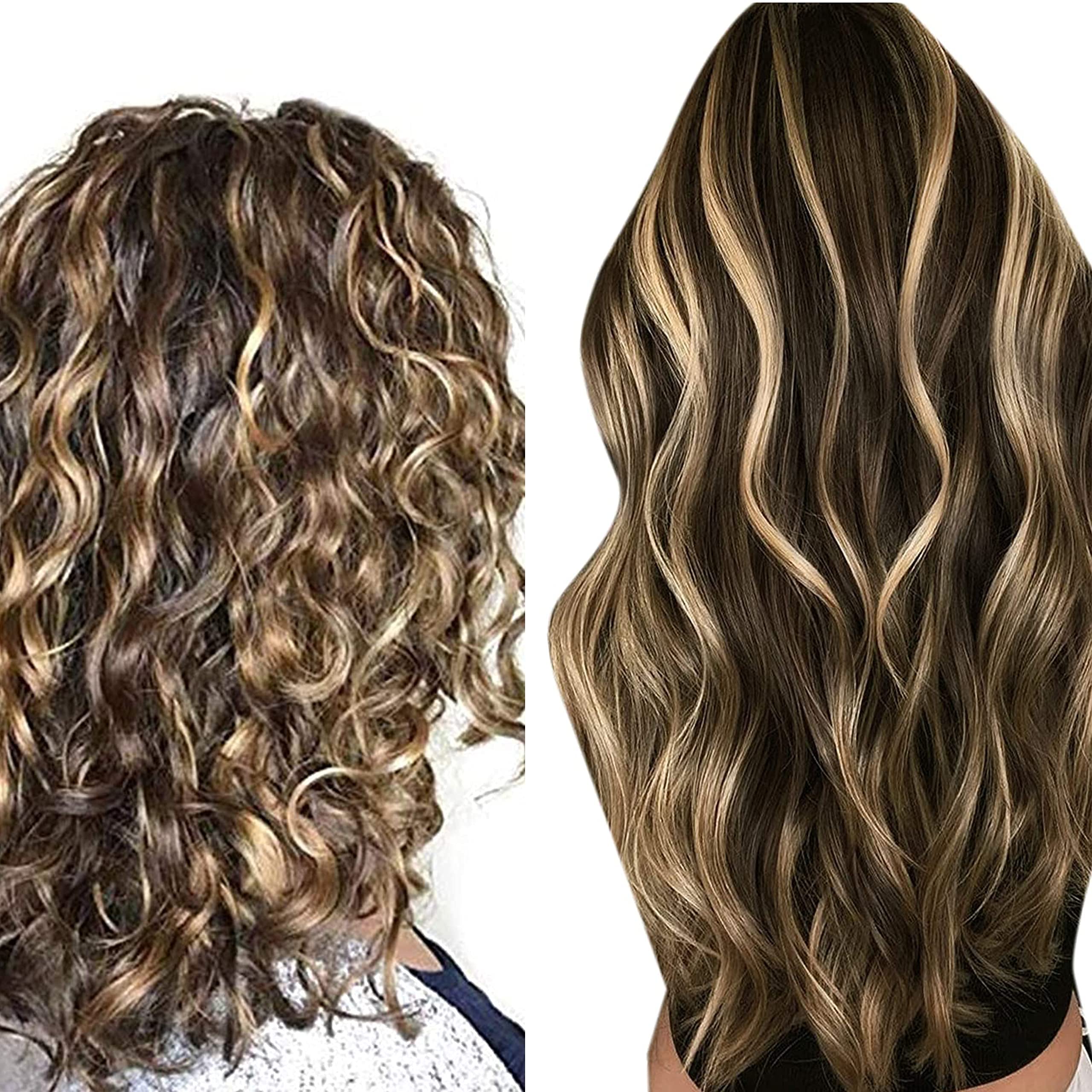Hetto 20 Inch Brown Highlighted Blonde Wavy Clip-in Human Hair Extensions - 7pcs 100g Thick Straight Real Hair Extensions for Women - Perfect for Parties, Weddings & Daily Styling