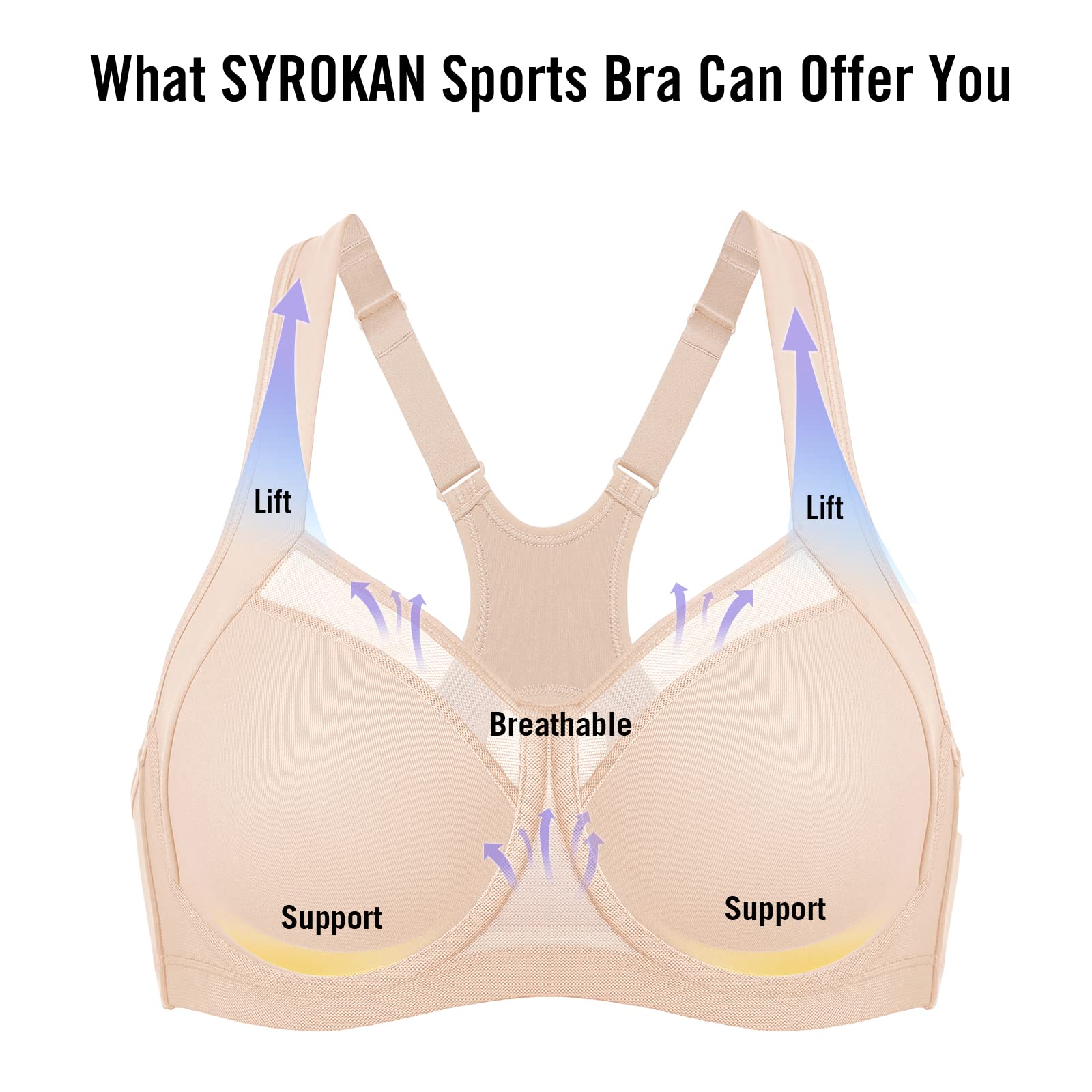 SYROKAN Women's High Impact Sports Bra - Maximum Support, Unlined, Underwire, Racerback Design - No Uniboob - Perfect for Running, CrossFit & High-Intensity Workouts