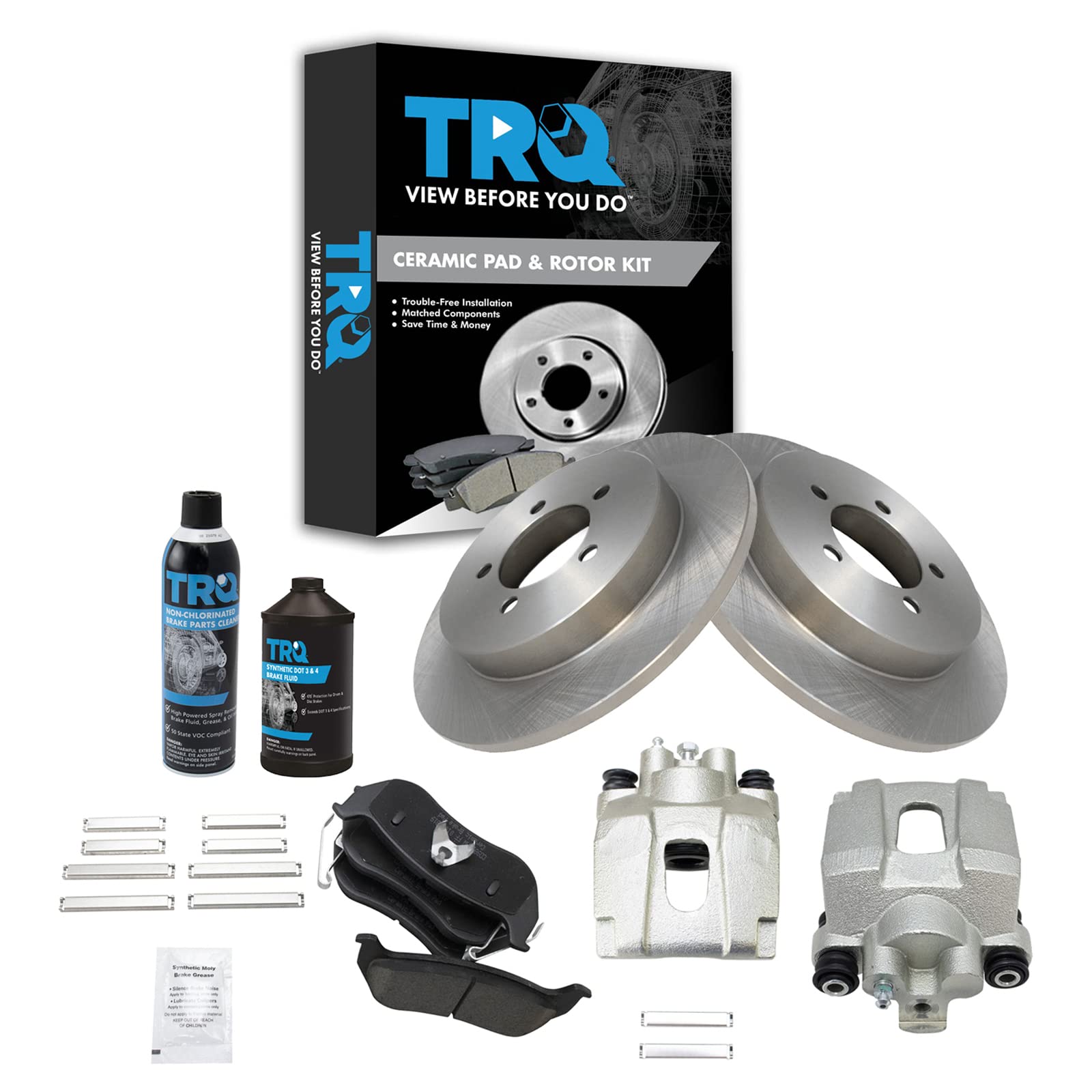 TRQ Rear Brake Pad & Rotor Kit with Caliper & Chemical Kit - Ceramic Solid Brake Pads & Rotors - Compatible with 2006-2010 Ford Explorer, 2007-2010 Explorer Sport Trac & Mercury Mountaineer - Perfect for Smooth Braking & Vehicle Maintenance