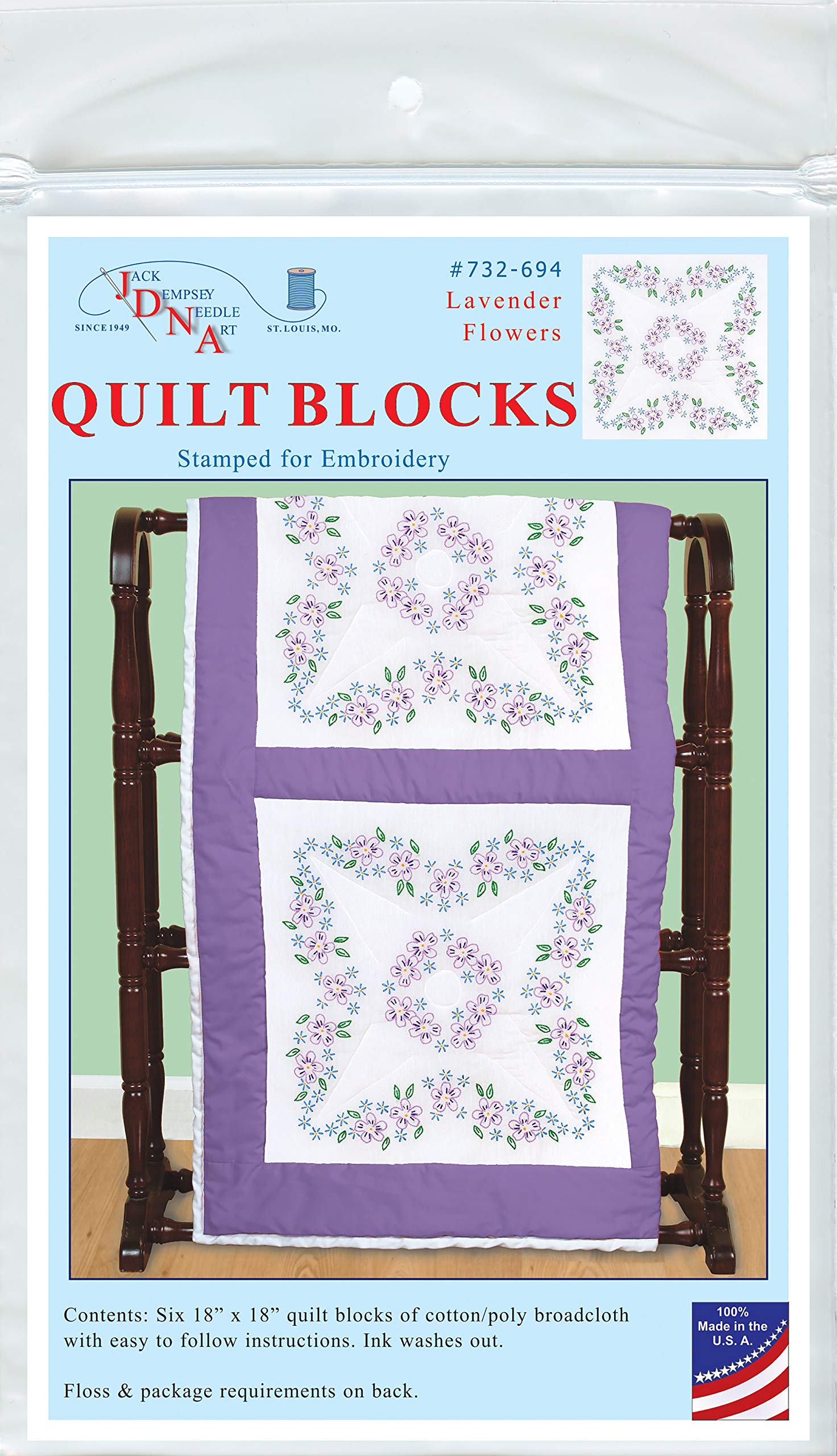 Jack Dempsey Needle Art Lavender Flowers Quilt Blocks - White Cotton Embroidery Patchwork for DIY Quilting, Home Decor & Craft Projects