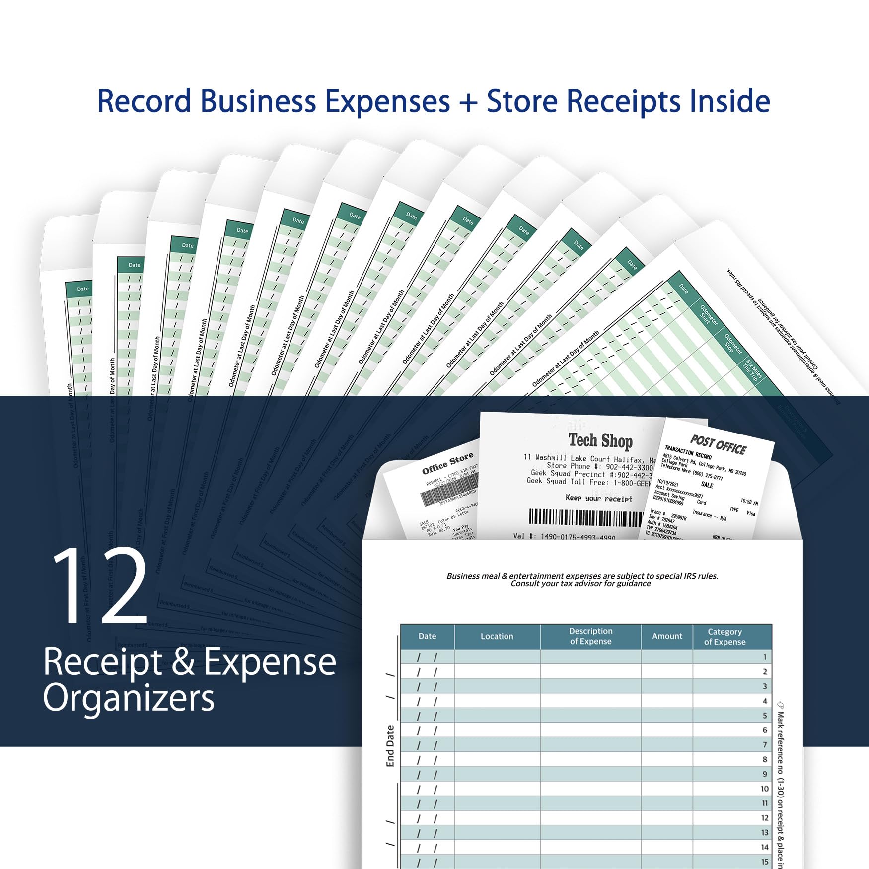 12-Pack Green Expense Envelopes - Receipt Organizer & Mileage Tracker for Business Expenses