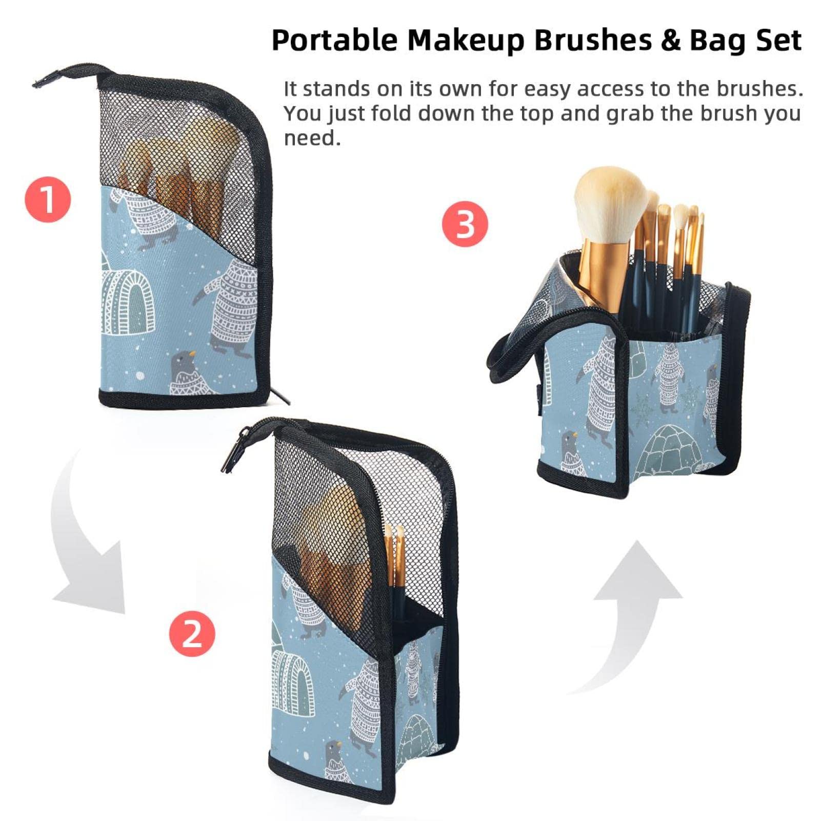 12-Piece Makeup Brush Organizer Bag with Portable Holder Case - Cute Antarctic Winter Penguin Design for Travel & Home Storage