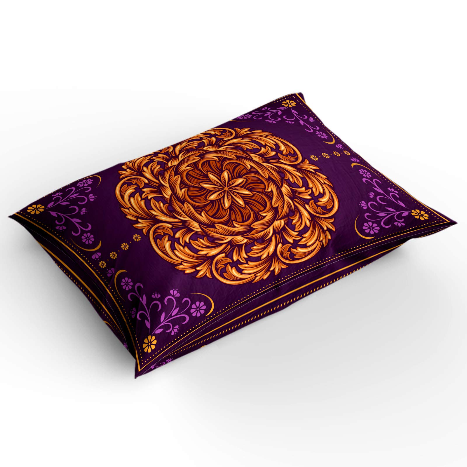 4-Piece Boho Mandala Floral Quilt Cover Set - Soft Round Golden Purple & Orange Flower Lace Bedding with Pillowcases (Full Size) for Cozy Bedroom Decor, Guest Room Makeover & Bohemian Style Home
