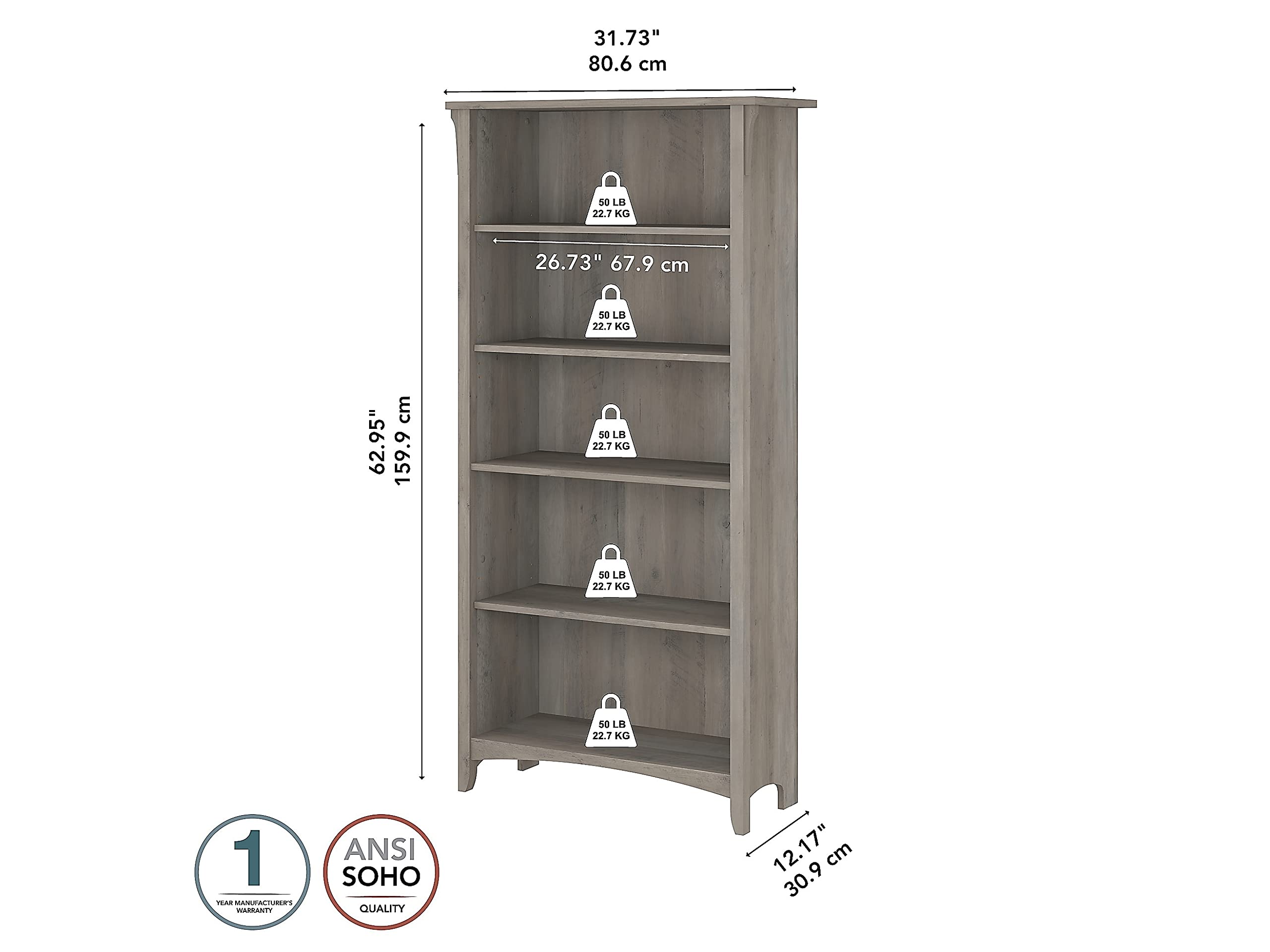 Bush Furniture Salinas 5-Shelf Bookcase in Driftwood Gray - Tall Wooden Bookshelf for Living Room, Home Office, Entryway - Perfect for Organizing Books, Decor & Storage Needs