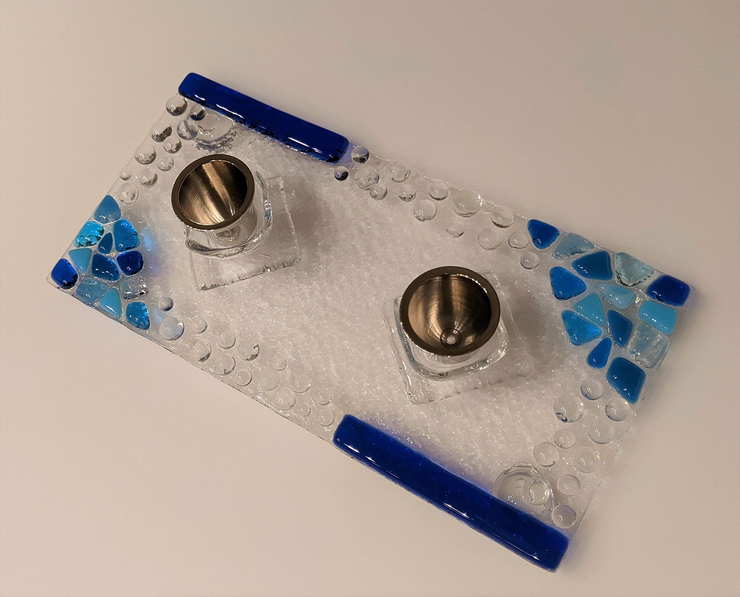 YafitGlass Blue Shabbat Candle Holder - Elegant Handmade Jewish Ceremony Centerpiece for Shabbat Dinner & Holiday Decor