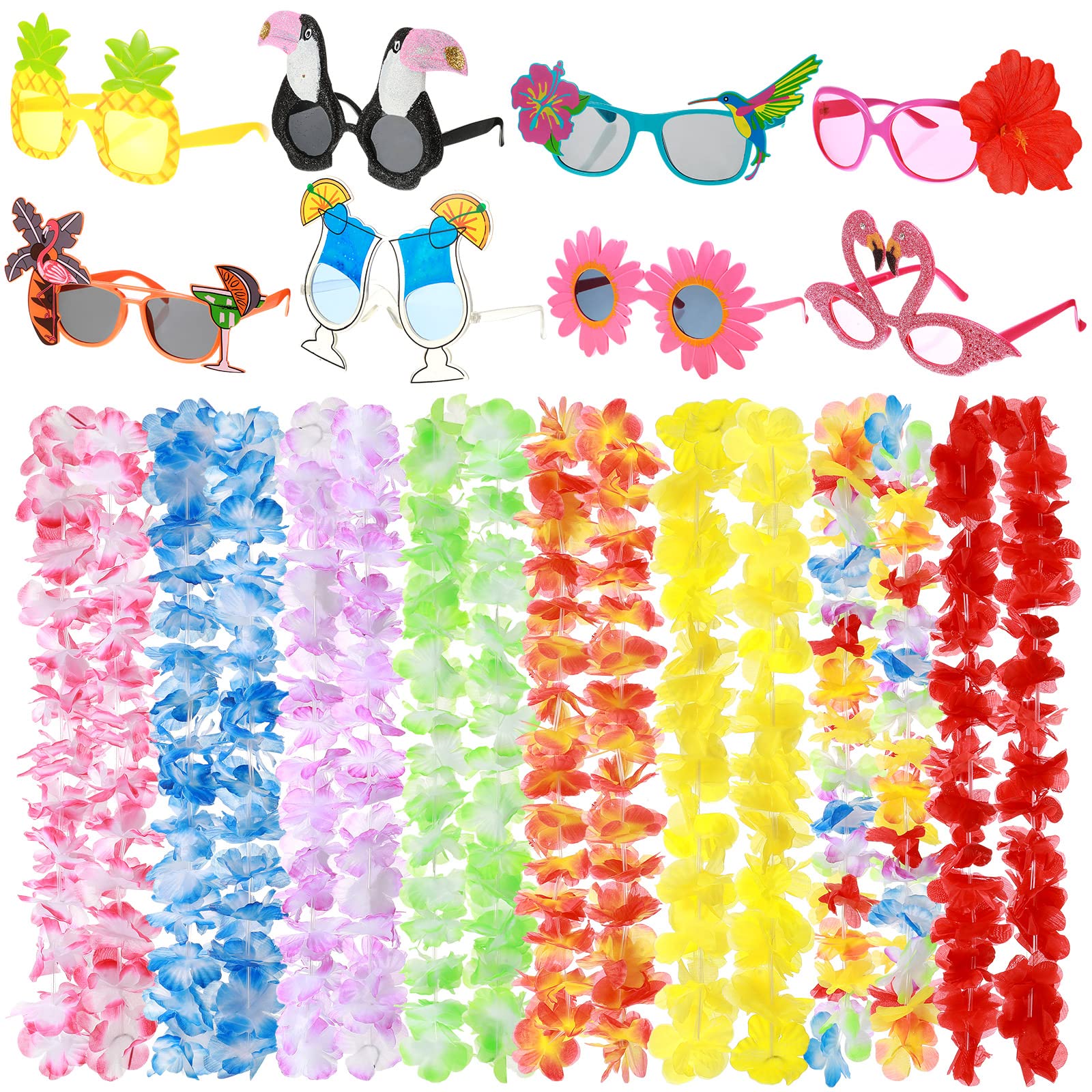 16 Pcs Hawaiian Party Decorations - Tropical Luau Sunglasses & Leis Set for Beach Themed Birthday, Summer Pool Party, and Hawaiian Luau Decorations