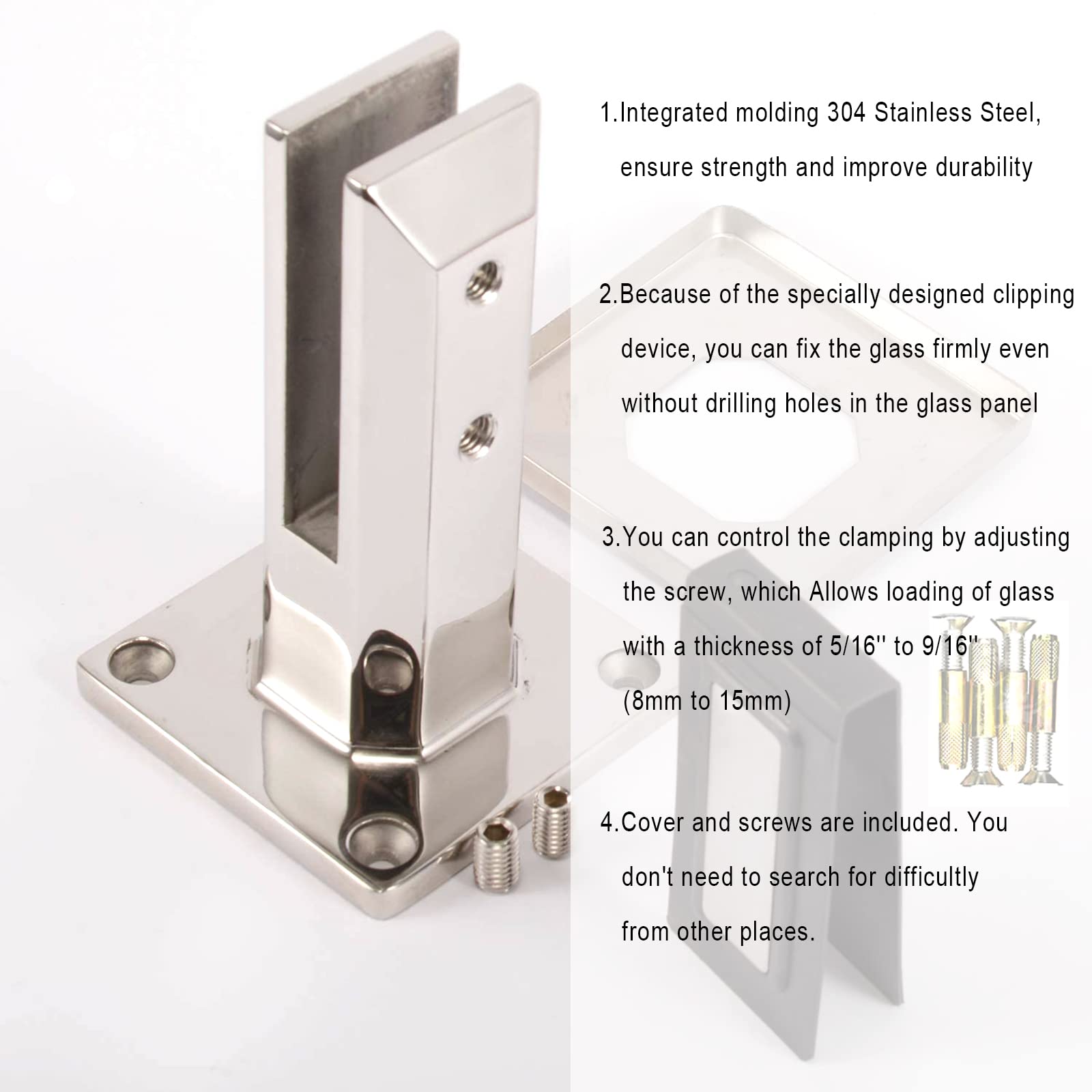 304 Stainless Steel Adjustable Glass Fence Clamps - 10 Pack (200mm) for Tempered & Laminated Glass - Balcony, Garden, Deck Handrail & Pool Fence Installation - Durable Outdoor & Indoor Use