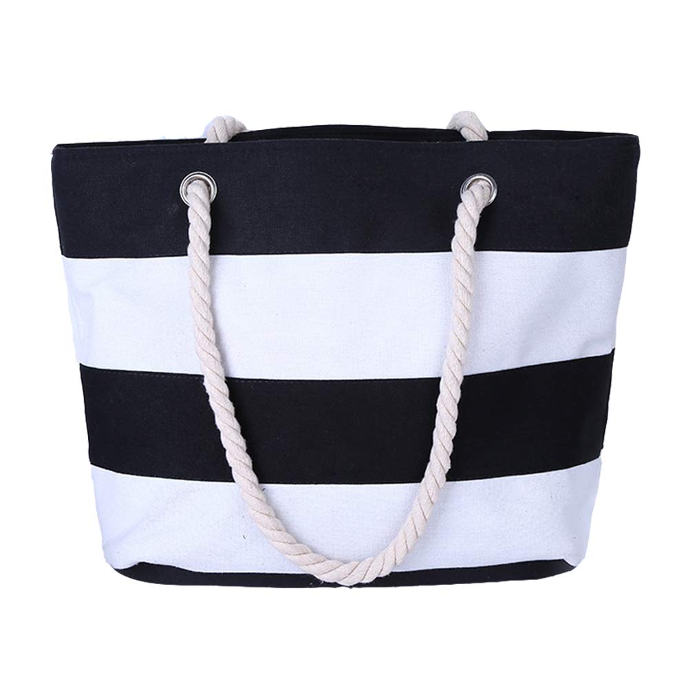 Women's Large Striped Canvas Tote Bag with Zipper & Rope Handle - Perfect Summer Beach Bag for Vacation, Travel, and Shopping