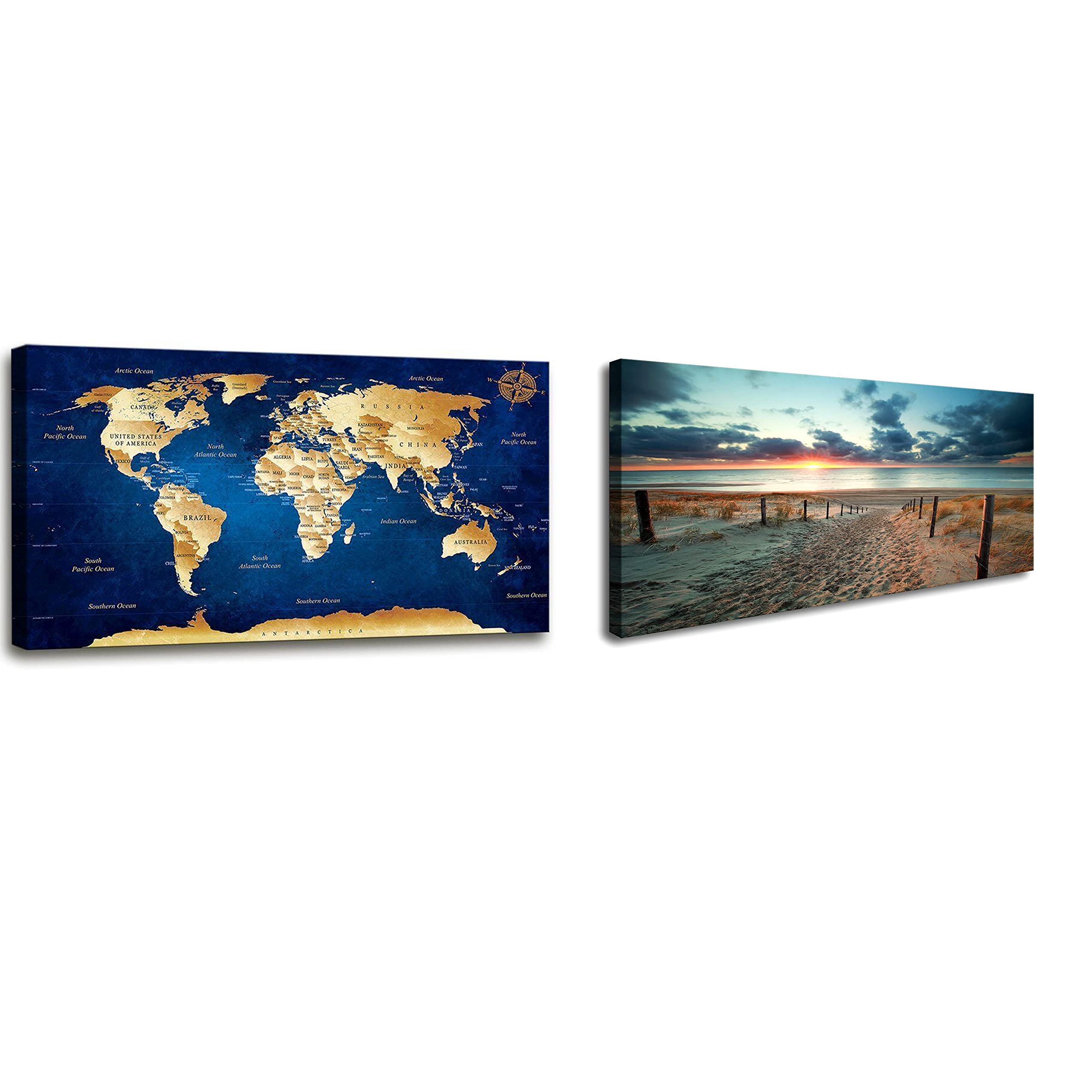 Large Framed World Map Wall Art - Blue Ocean Canvas Painting (20
