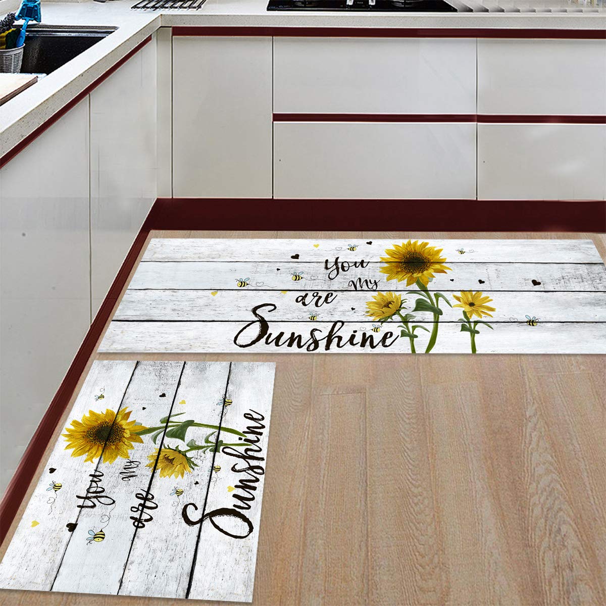 Non-Slip Anti-Fatigue Kitchen Rugs Set - 2 Piece Cushioned Floor Mats (23.6x35.4in + 23.6x70.9in) Machine Washable Sunflower Design - Perfect for Kitchen, Entryway, and Laundry Room Floor Protection