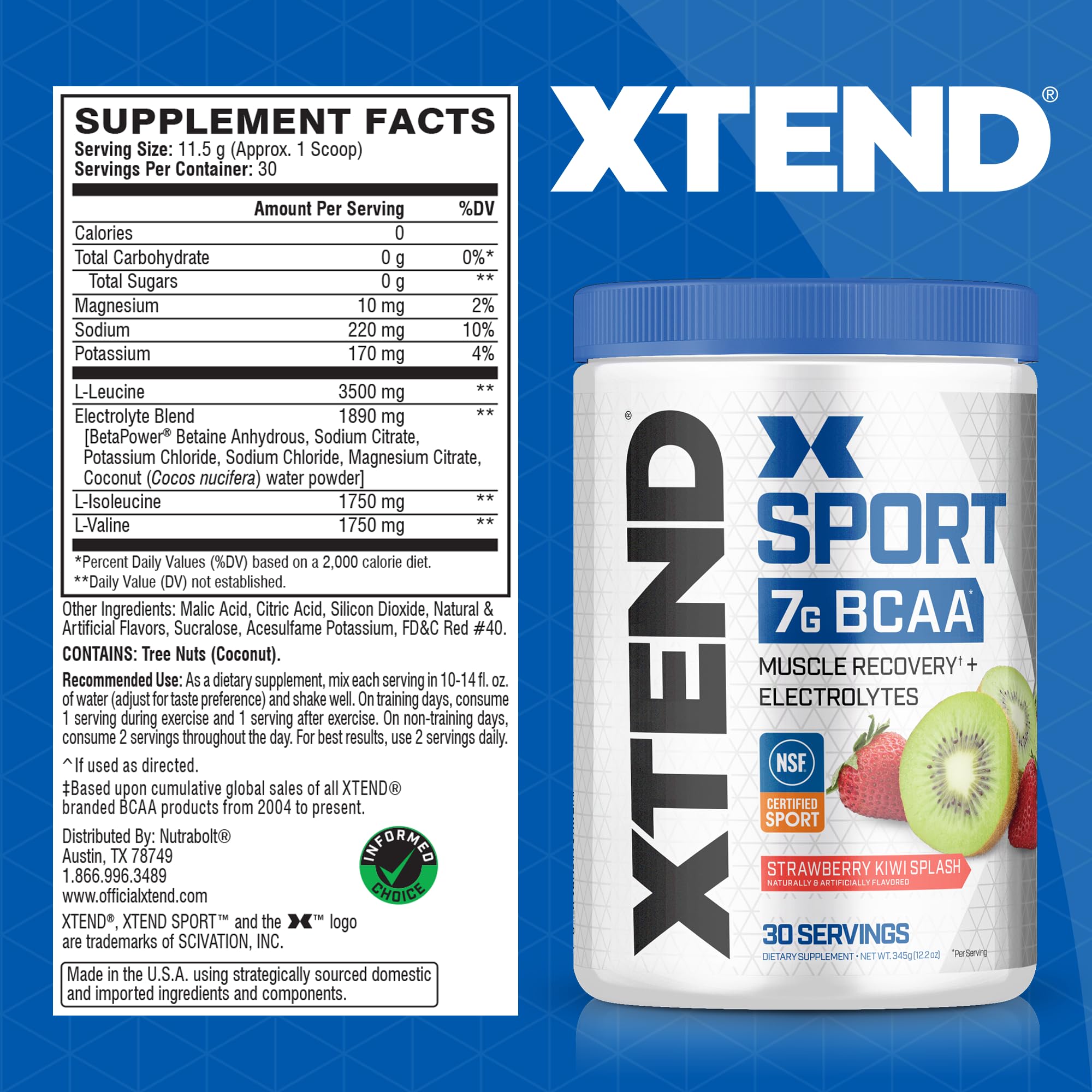 XTEND Sport BCAA Powder Strawberry Kiwi Splash - Electrolyte Powder for Recovery & Hydration with Essential Amino Acids - 30 Servings - Post Workout Drink for Athletes & Fitness Enthusiasts