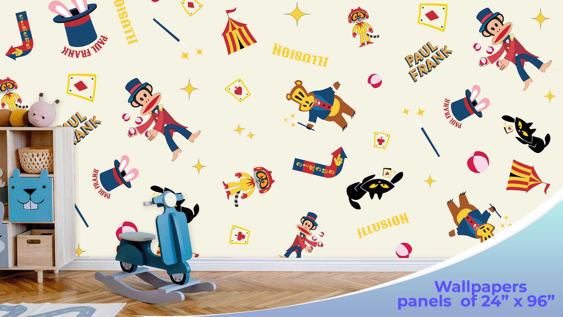 EGD Paul Frank Circus Peel and Stick Wallpaper - Self Adhesive Removable Wall Decor for Living Room, Bedroom, Nursery - 8 Panels (24