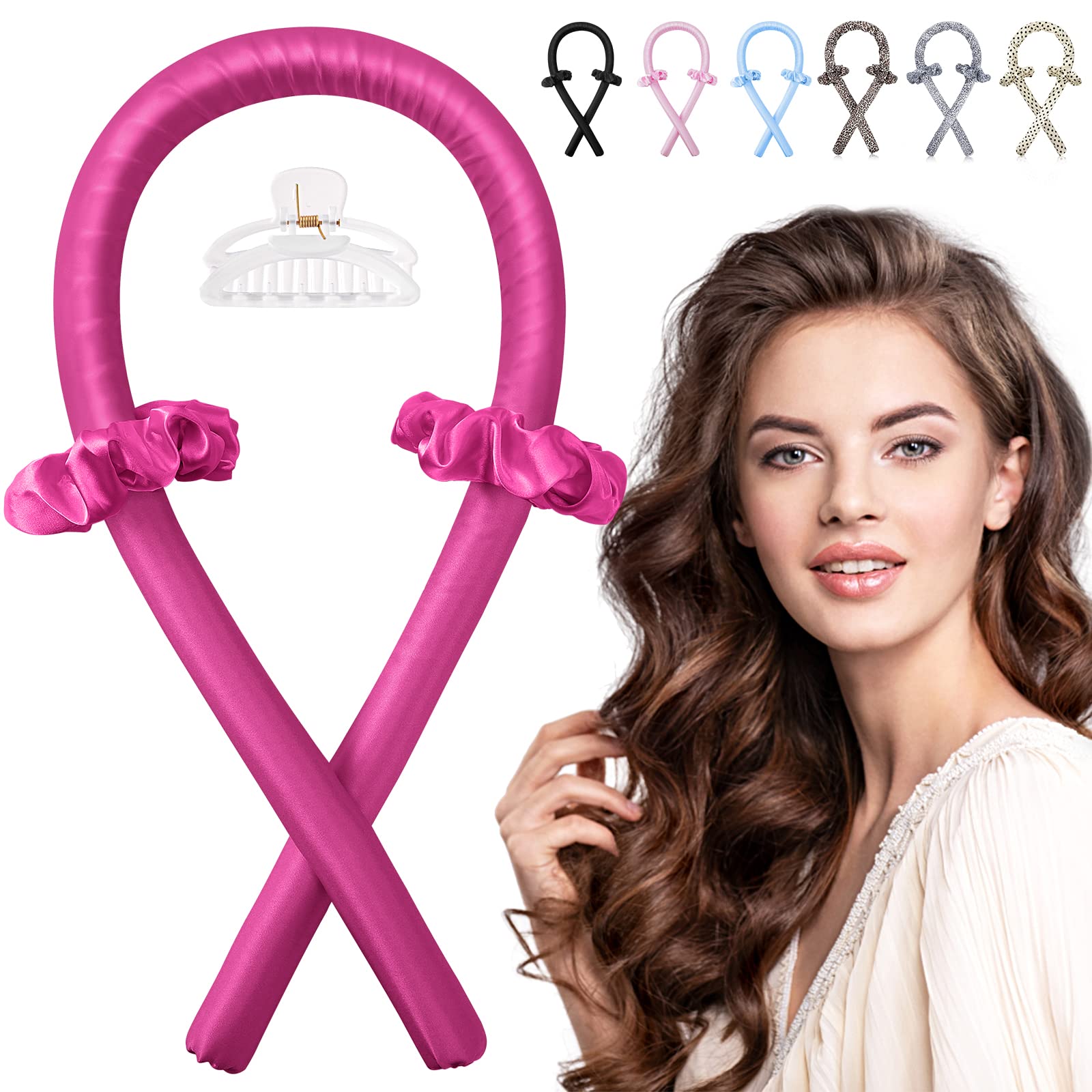 Heatless Hair Curler Set - IENIN Silk Hair Rollers for Long Hair with Soft Scrunchies & Clips | No Heat Curling Rod Headband for Overnight Styling | Rose Red | Perfect for Bedtime, Travel & Damage-Free Curls