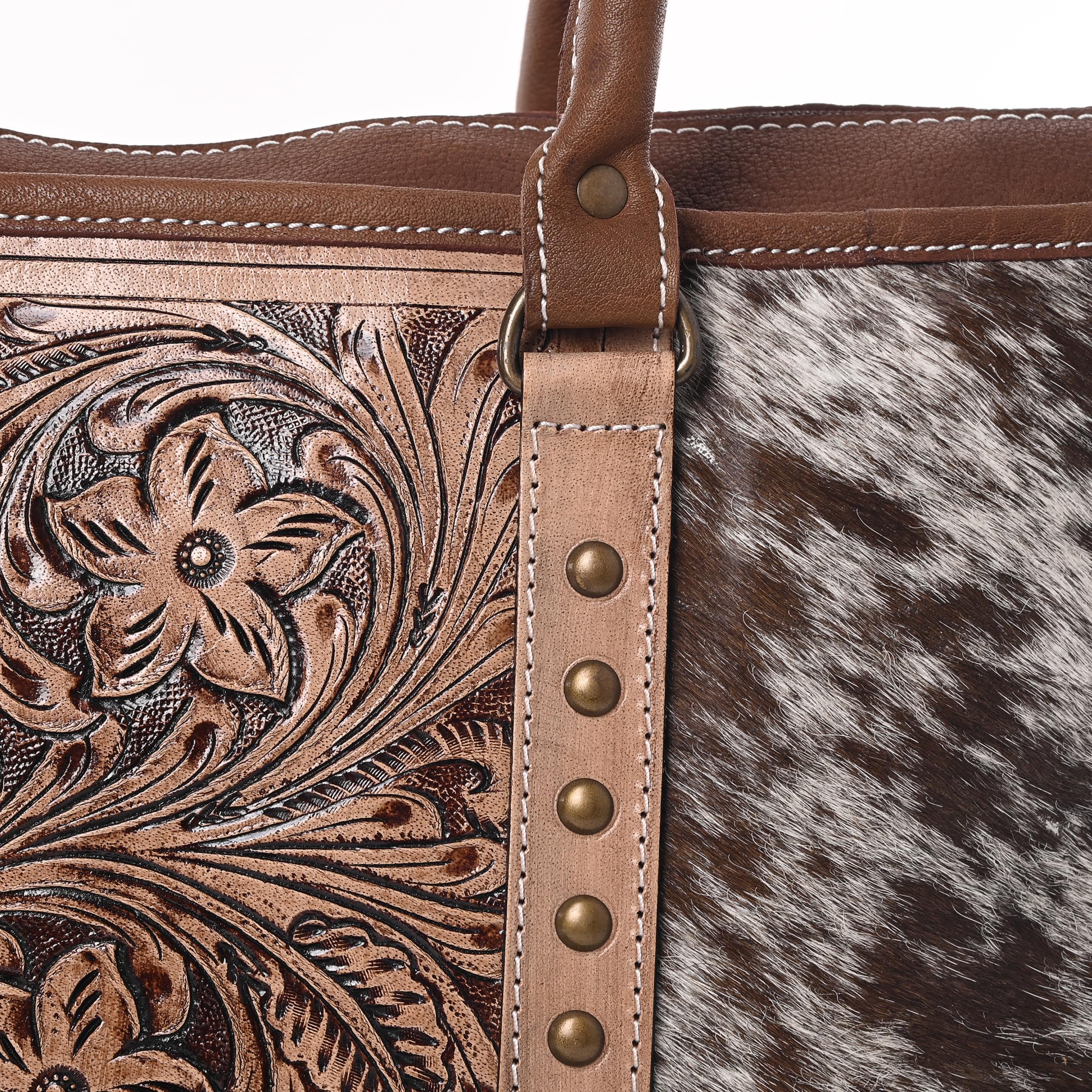 Western Cowhide Hair-on Leather Tote Bag for Women - Adjustable Tooled Shoulder Strap Leather Purse - Perfect for Work, Travel & Everyday Use
