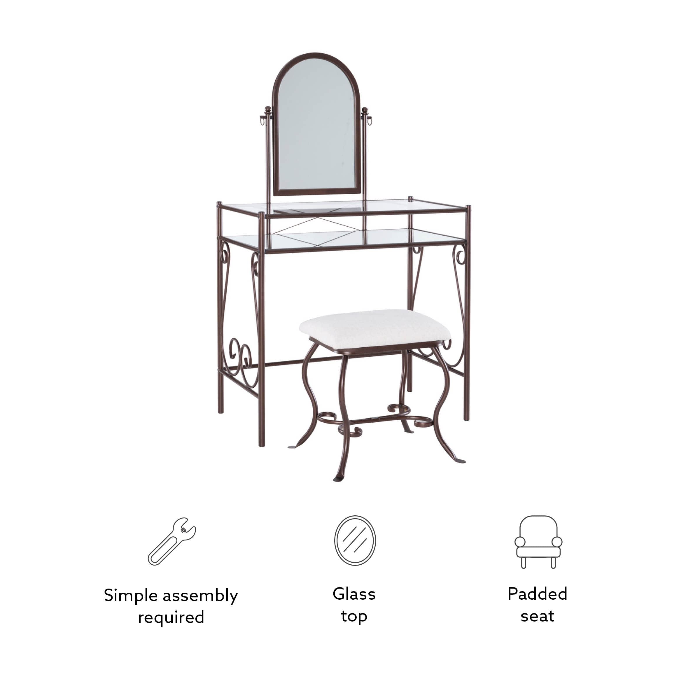 Linon Clarisse Vanity Set - Dark Metal Dressing Table with Upholstered Stool, 52.4 x 31.8 x 18.3 Inches - Perfect for Bedroom Makeup & Jewelry Organization