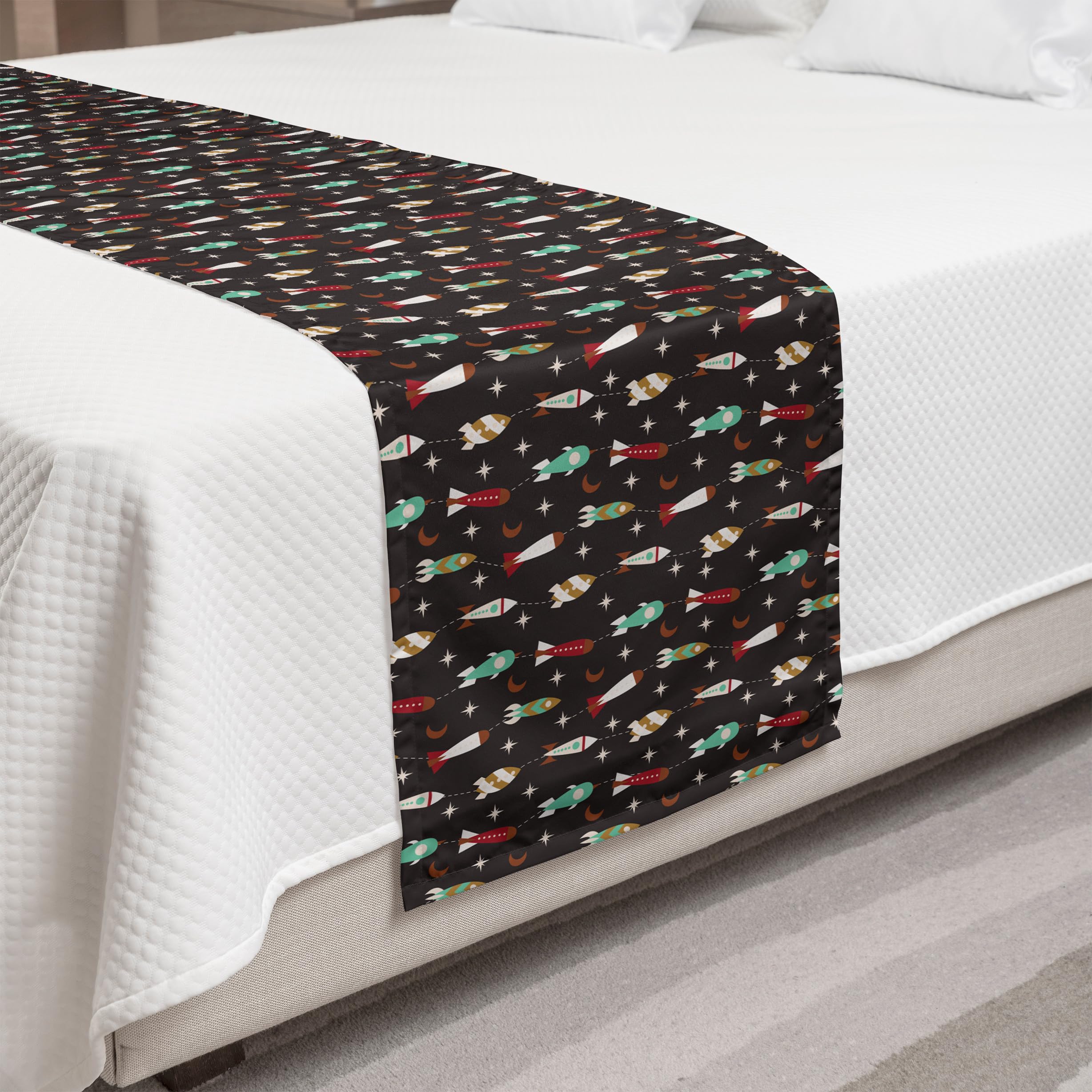 Ambesonne Rockets Bed Runner - Space Galaxy Stars Science Technology Engineer Design - Decorative Bed Scarf for Queen Beds - Ruby Sea Green - Perfect for Hotels, Homes & Guest Rooms | Ideal for Space-Themed Bedrooms & Sci-Fi Decor