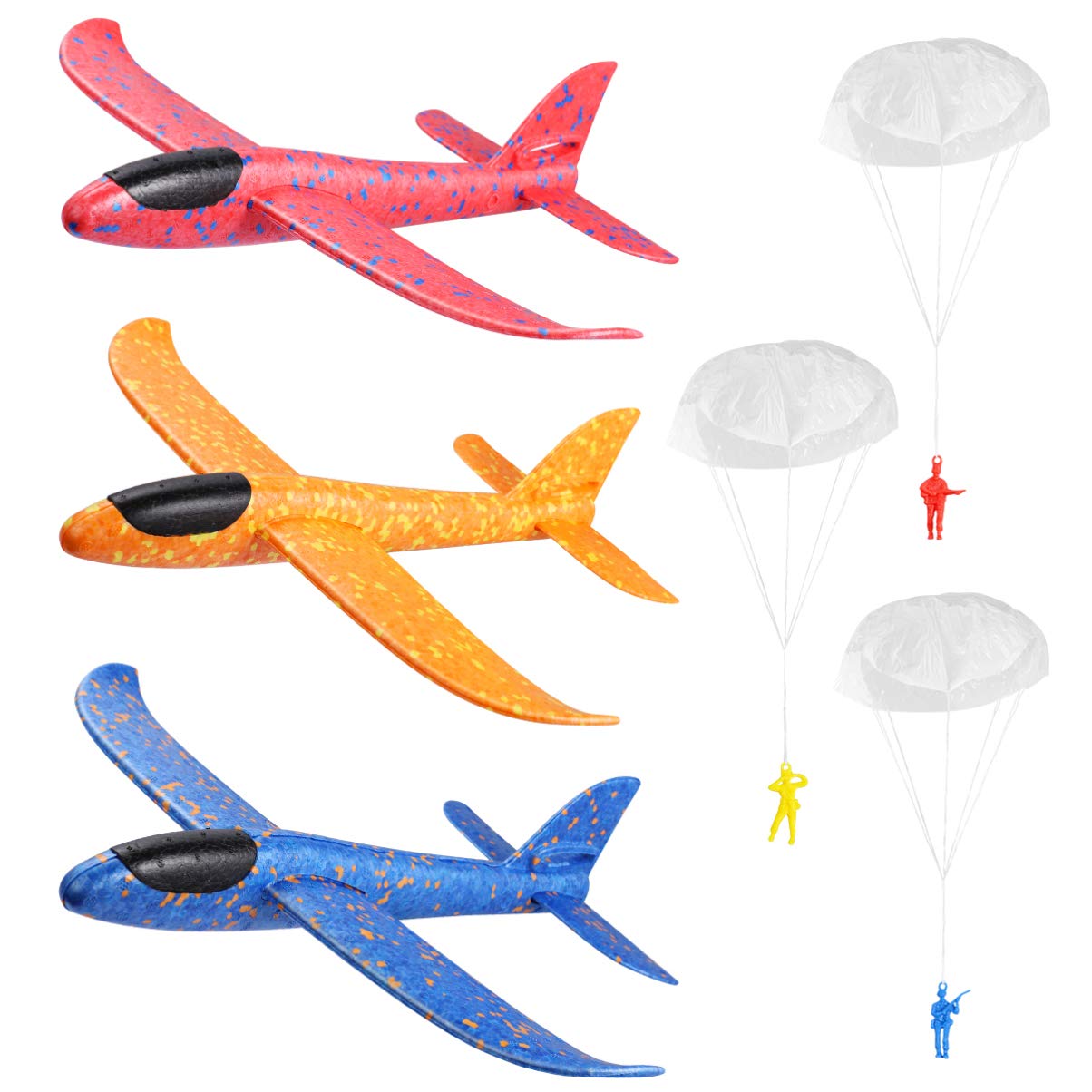 Toyvian 3 Pack Foam Glider Airplanes for Kids - 14.5 Inch Large Throwing Foam Planes with Paratroopers, Manual Launch Outdoor Flying Toys for Boys & Girls, Perfect for Backyard Play, Beach Games, and Travel Adventures