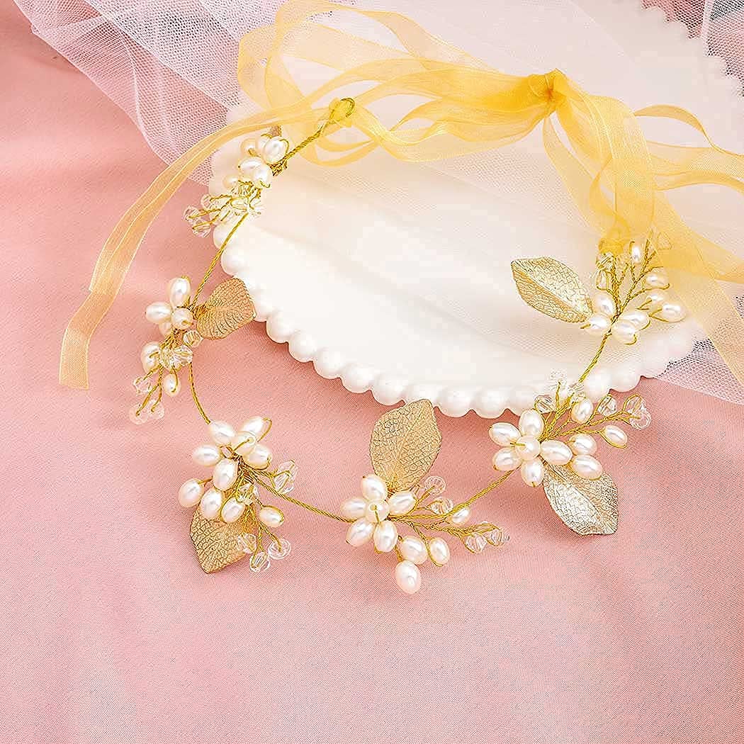 Elegant Golden Leaf Pearl Bridal Headpiece - Alloy Tie Back Princess Headband for Wedding Bride & Bridesmaid | Women's Prom Photography Hair Accessories | Perfect for Weddings, Proms, and Special Occasions
