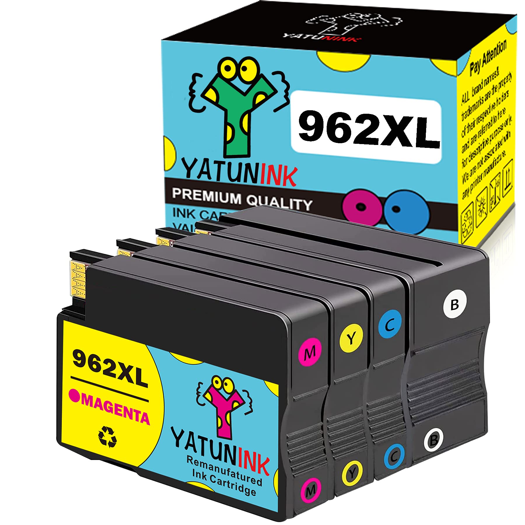YATUNINK Remanufactured 962XL Ink Cartridge 4-Pack - Compatible with HP 962XL (3JA03AN/3JA00AN/3JA01AN/3JA02AN) for OfficeJet Pro 9010/9015/9018/9020/9025 Printers - High Yield Replacement Ink for Home & Office Printing