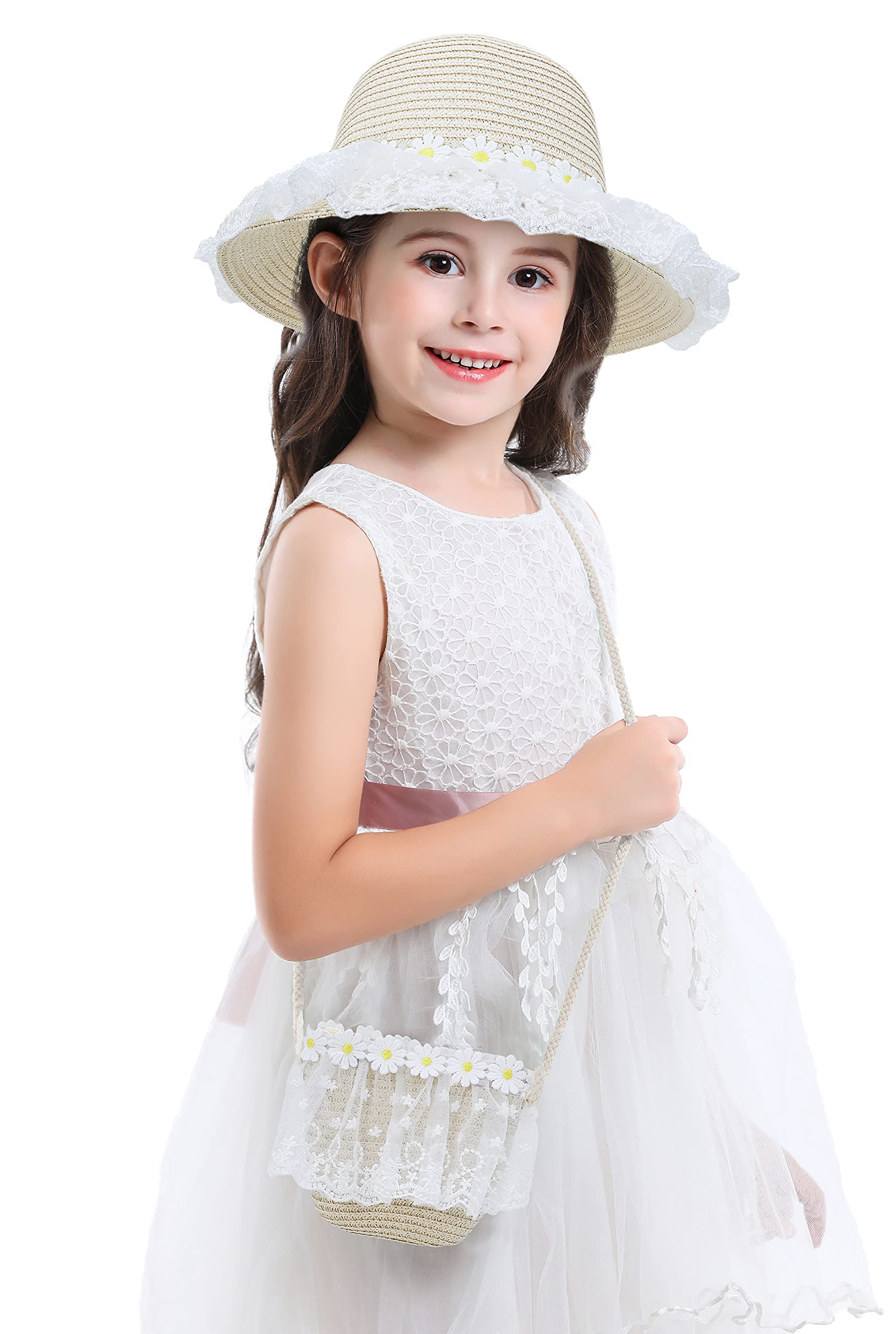 Bienvenu Girls Sun Hat for Kids - Wide Brim Straw Beach Hat with Carry Bag Set - UV Protection Summer Hat for Girls - Perfect for Beach, Pool, Park & Outdoor Activities