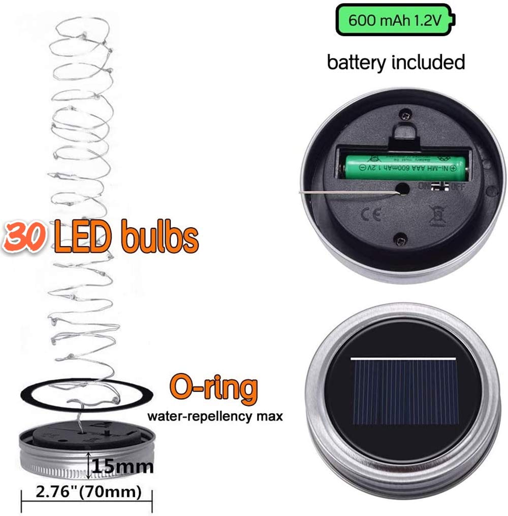SunKite Solar Mason Jar Lights (NO Jars Included) - 12 Pack Waterproof 30 LED Fairy Firefly String Lights with Hangers - Warm White Outdoor Solar Lighting for Garden, Patio, Yard, Wedding & Party Decorations