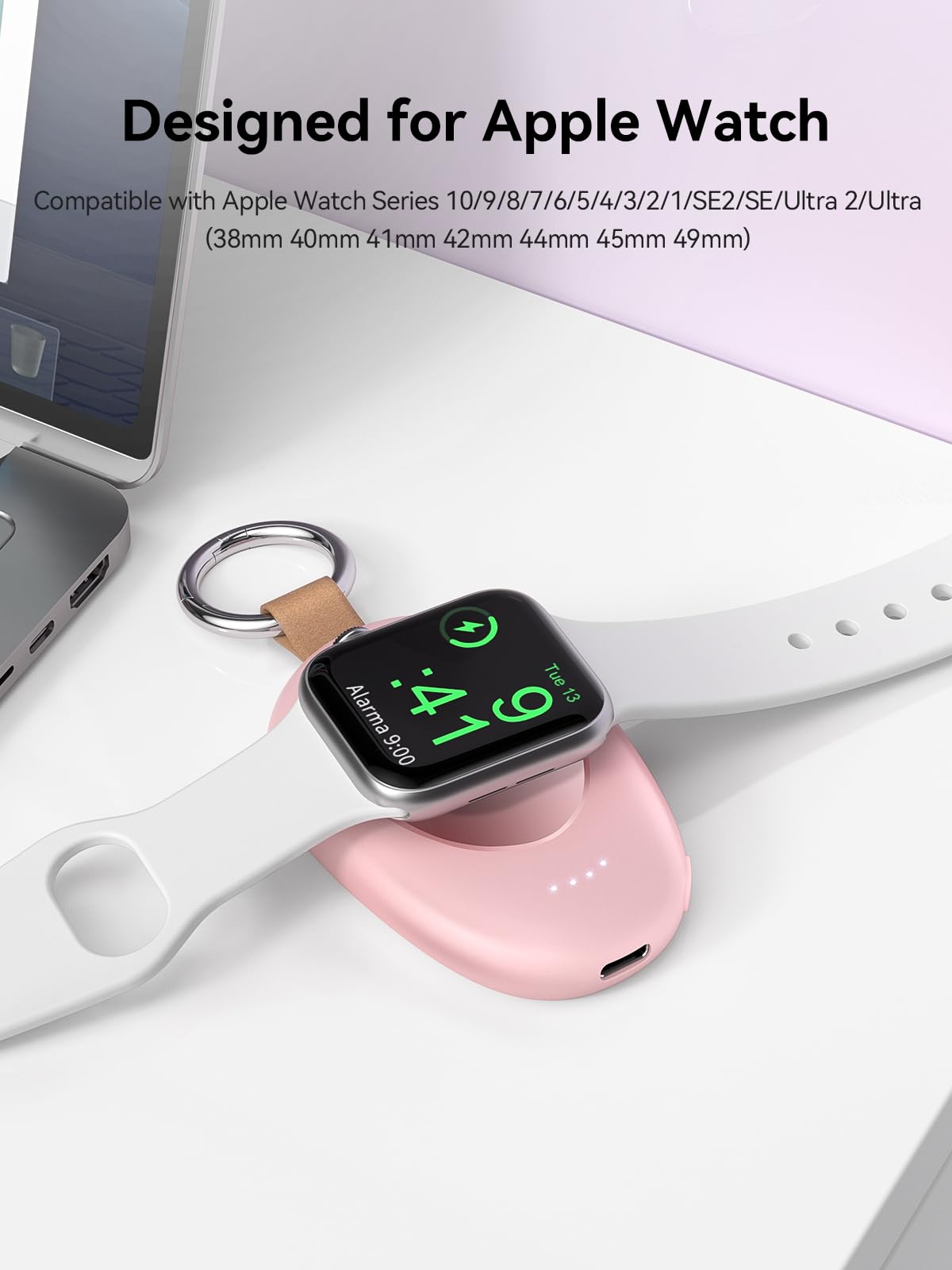 GagaKing Portable Magnetic Charger for Apple Watch Series 10/9/8/7/6/5/4/3/2/SE/Ultra 2/Ultra - 1400mAh Fast Charging Power Bank with Keychain - Pink | Perfect for Travel, Gym & Outdoor Activities