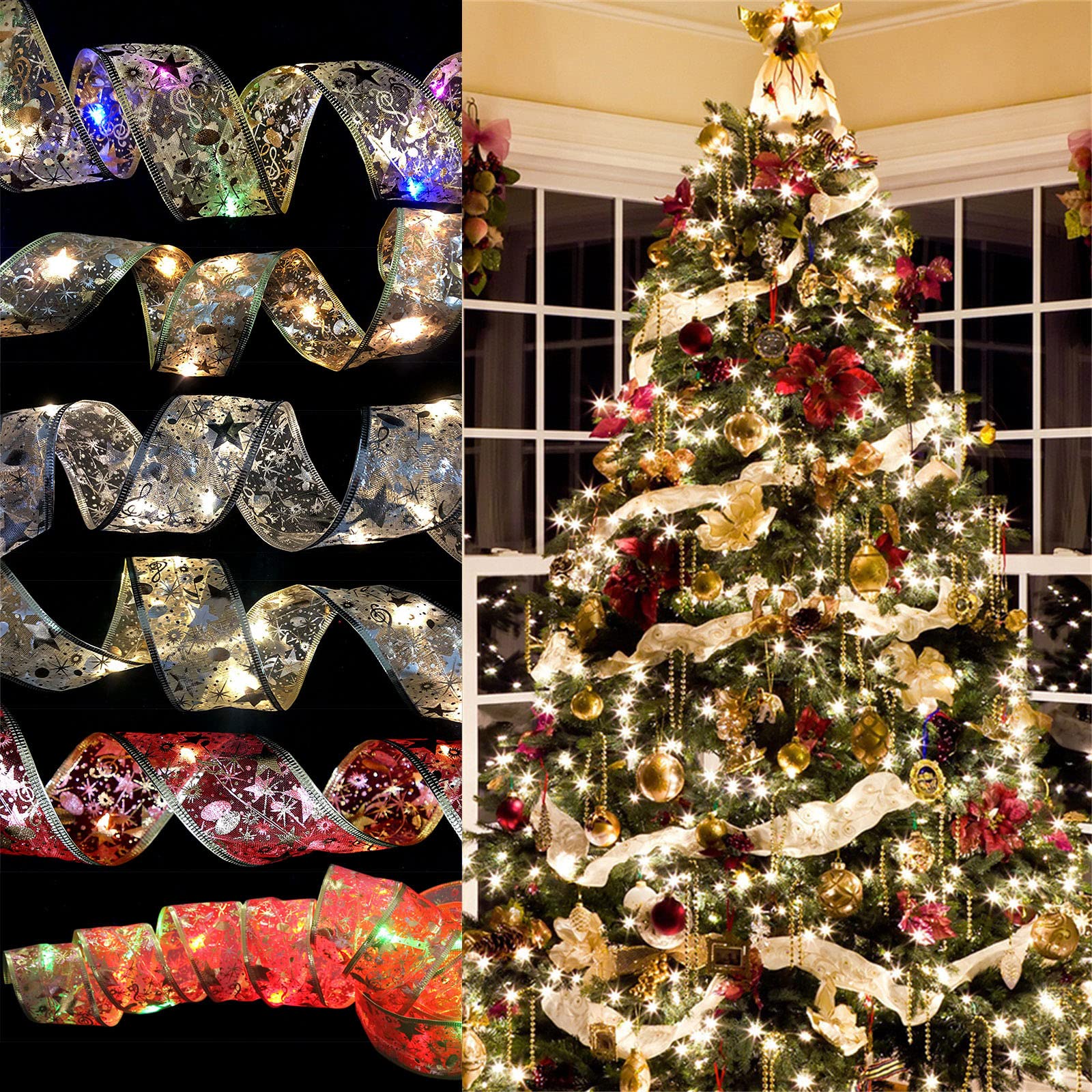 Haiwae Glowing Ribbon Fairy Lights - 16.4ft LED Christmas String Lights for Xmas Tree Decorations, DIY Glow Lace Ornaments, Indoor & Outdoor Holiday Decor (Gold Colorful) - Perfect for Christmas, New Year, Weddings, Parties, and Home Decoration