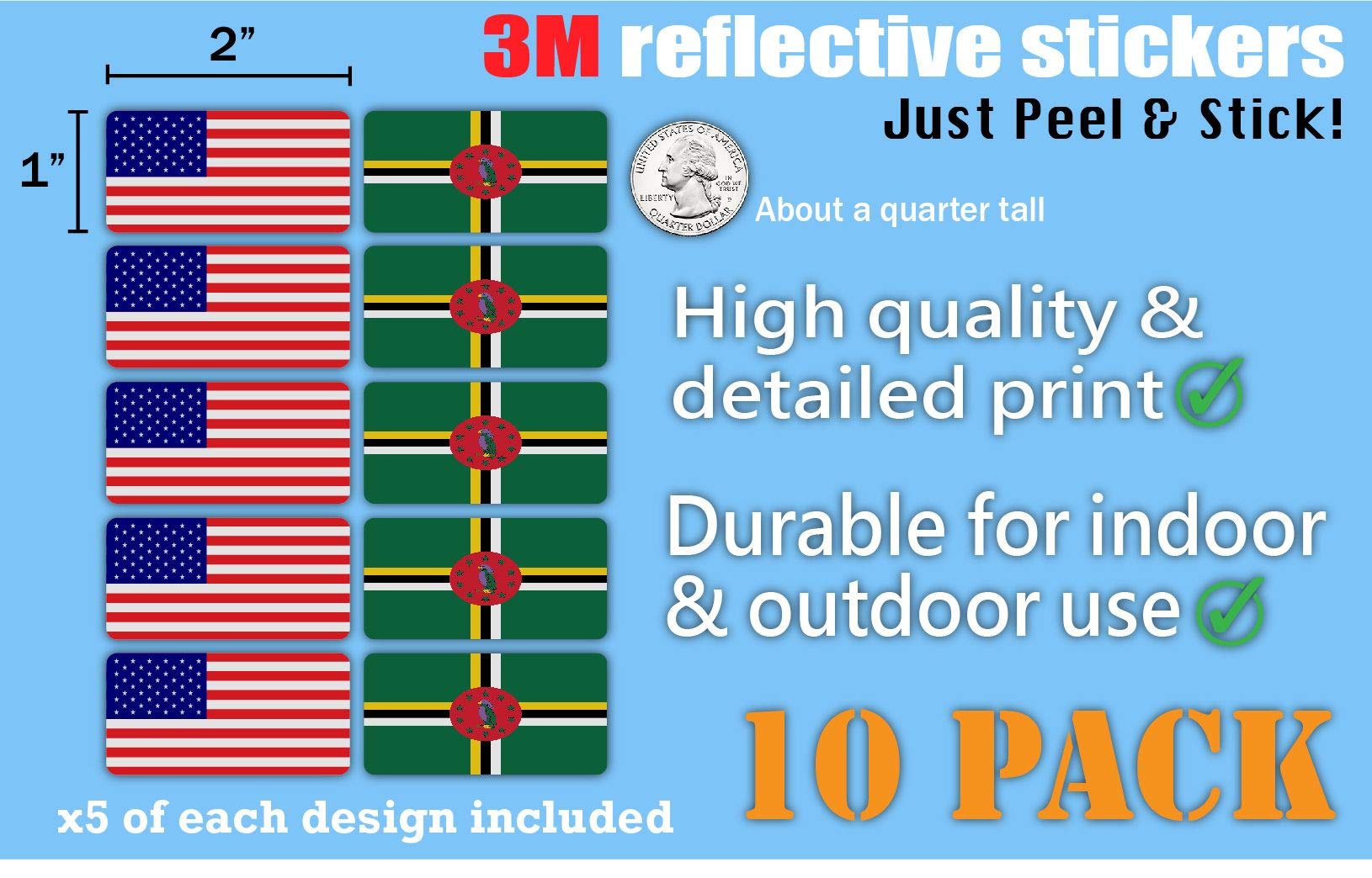 3M Reflective Dominica & US Flag Stickers (10-Pack) - High Visibility Safety Decals for Hard Hats, Laptops, Bikes & Toolboxes - Perfect for Night Safety, Work Zones & Outdoor Activities