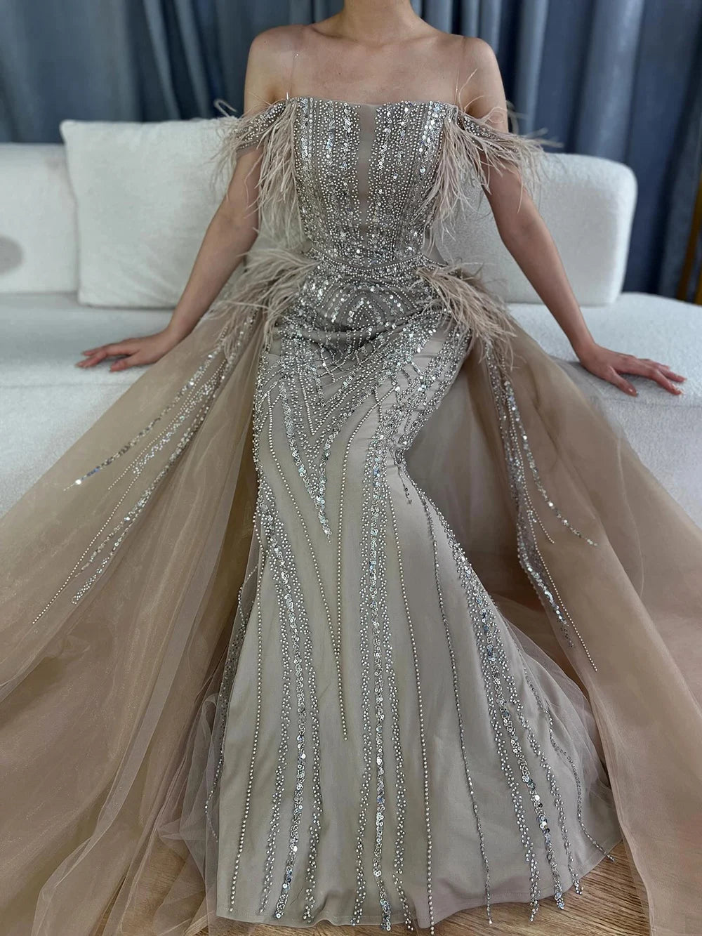 Luxury Dubai Blue Mermaid Gown with Feathers & Beads - Saudi Arabian Evening Dress with Overlay Skirt for Formal Events, Weddings, Galas & Red Carpet Occasions LA72727