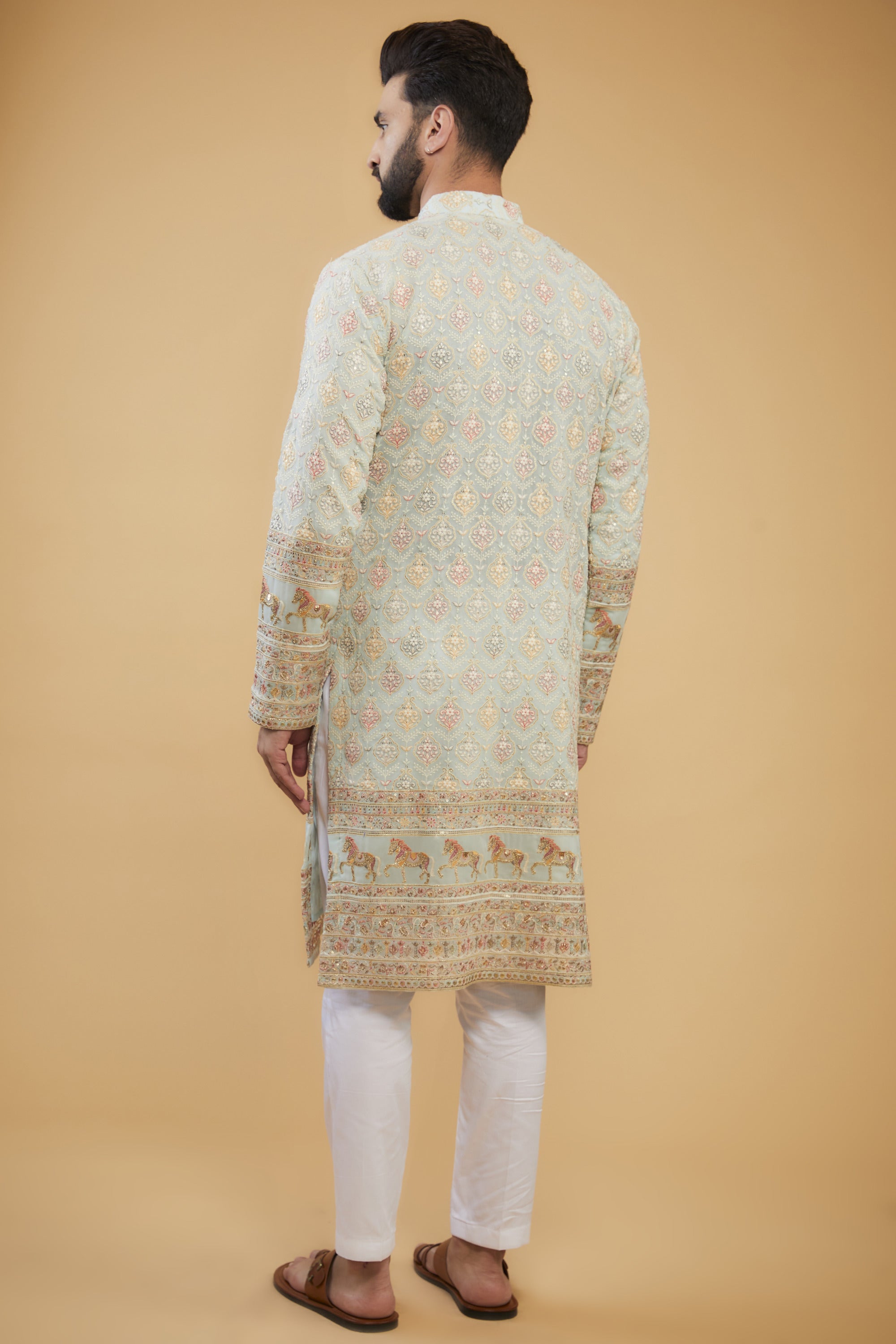 Elegant Powder Blue Chikankari Kurta with Heavy Embroidered Hem & Intricate Motifs - Perfect for Festivals, Weddings & Ethnic Occasions
